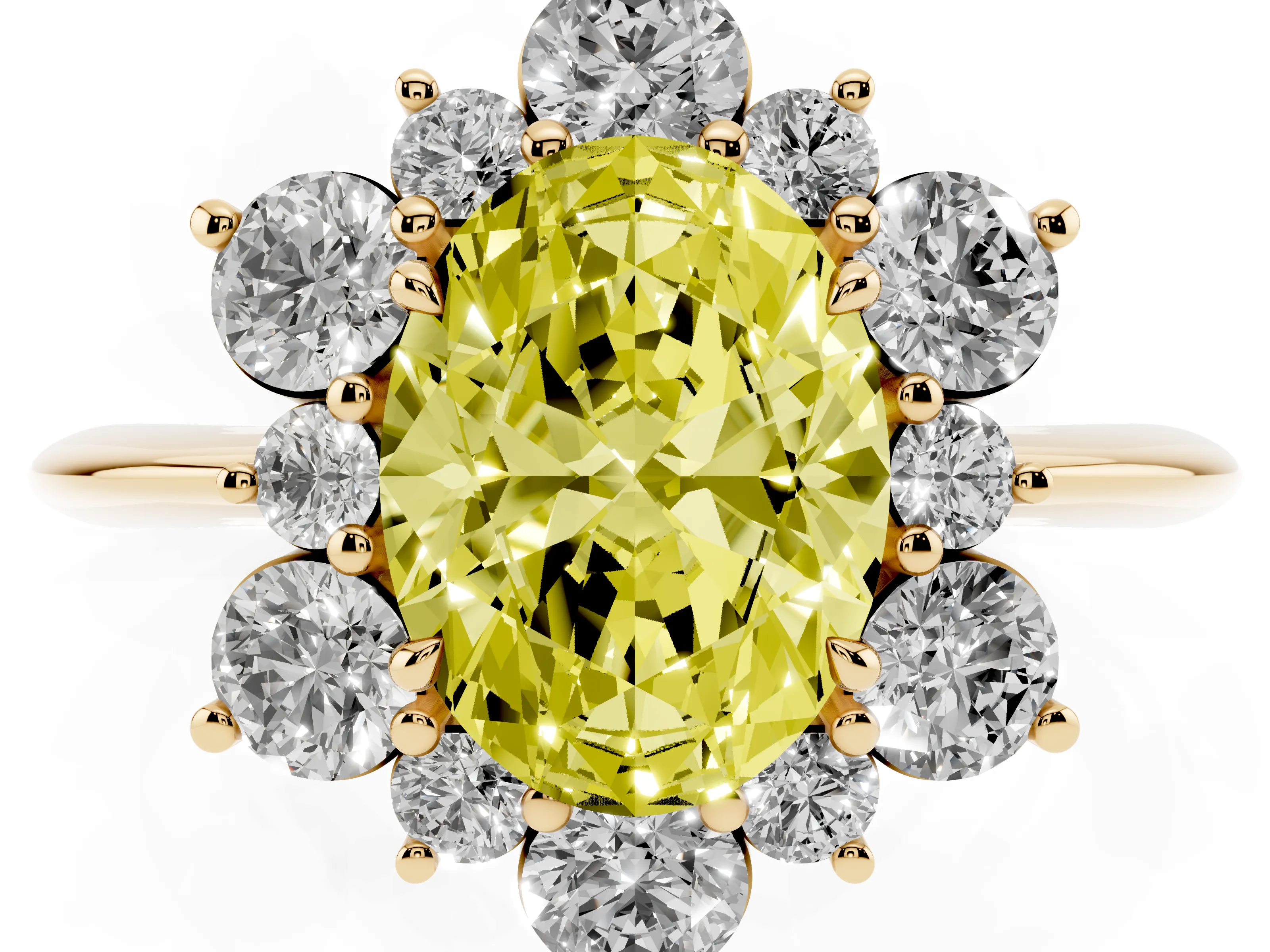 Fancy Yellow Oval Cut Diamond Cluster Halo Ring Set in Yellow gold with Solitaire Band and Prong Setting