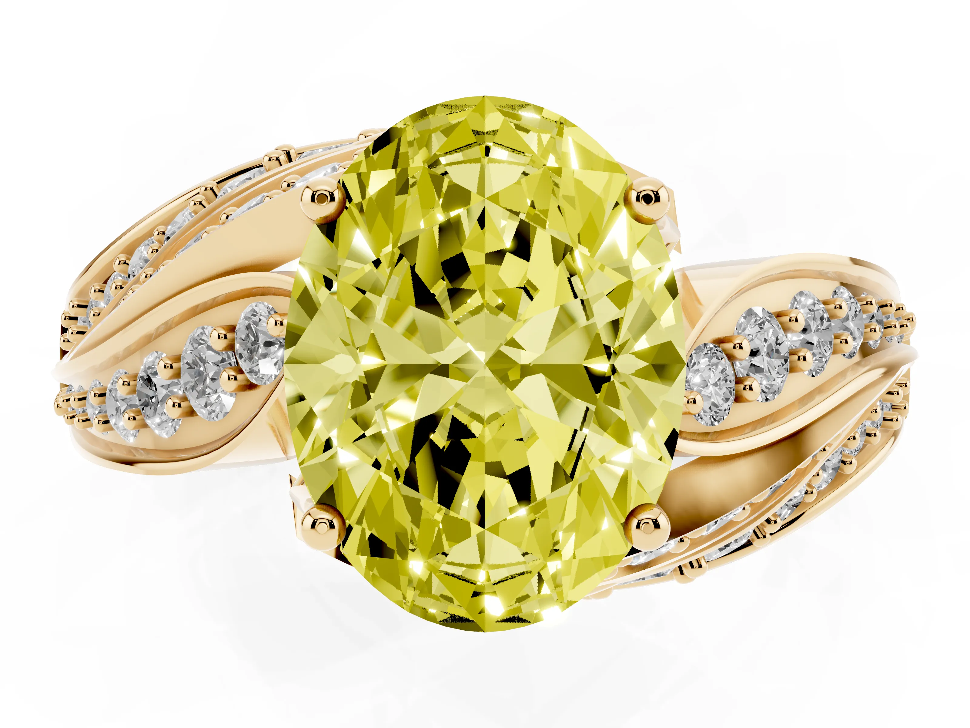 Fancy Yellow Oval Cut Diamond Solitaire Ring Set in Yellow gold with Layered Twist Pavé Band