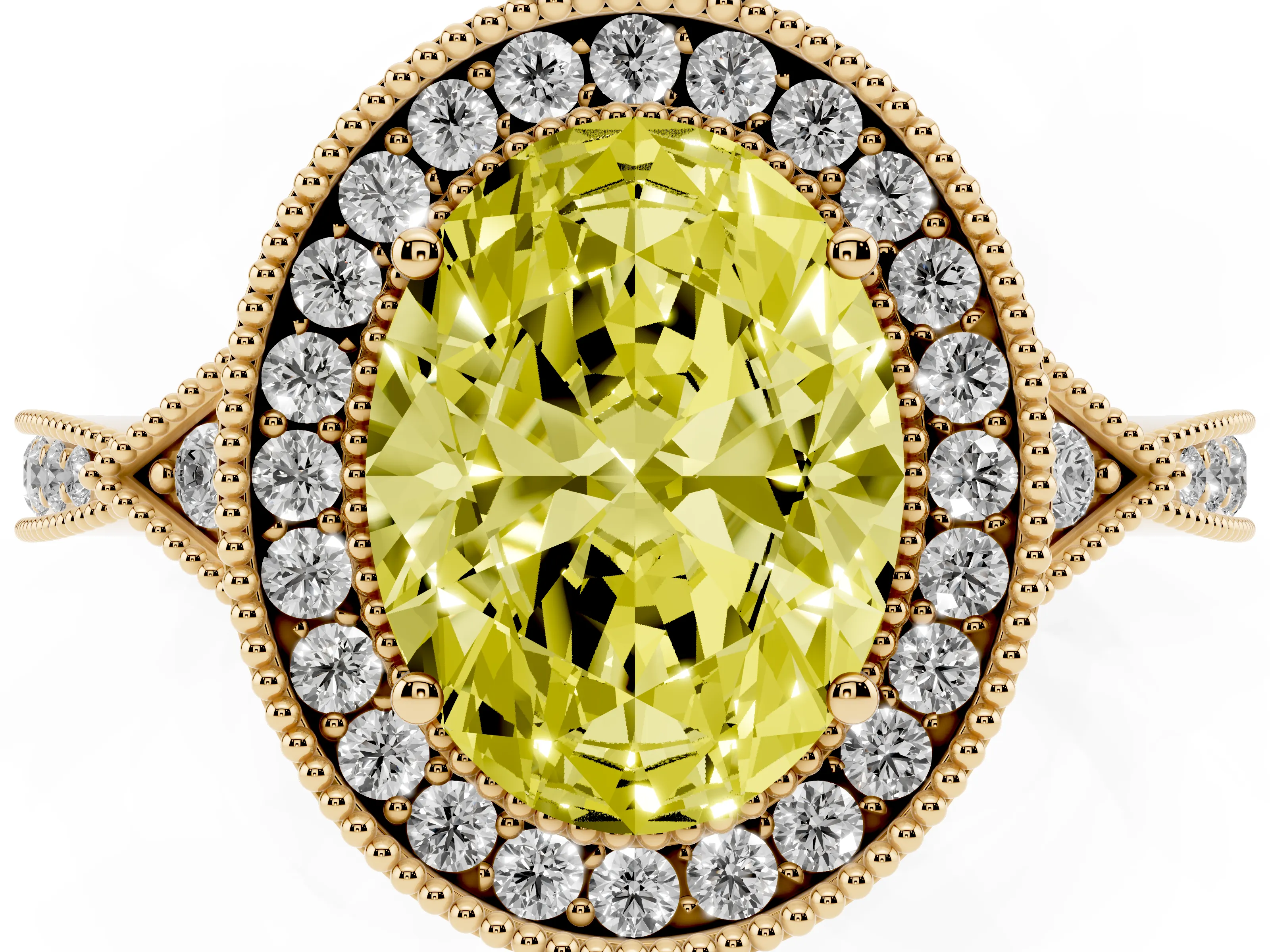 Fancy Yellow Oval Cut Diamond Halo Engagement Ring Set in Yellow gold with Milgrain Pavé Band
