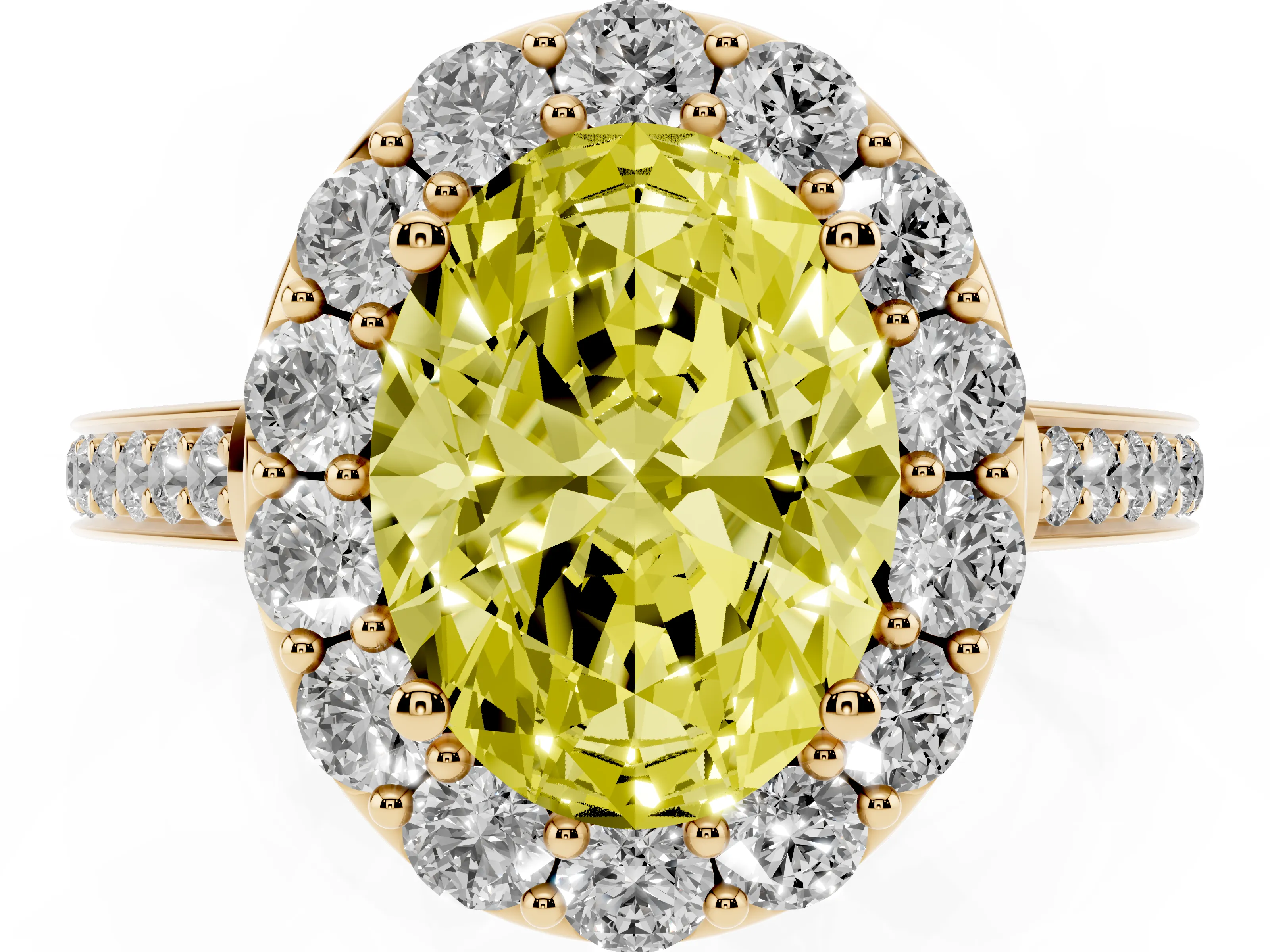 Fancy Yellow Oval Cut Diamond Floral Halo Ring Set in Yellow gold with Pavé Band and Prong Setting
