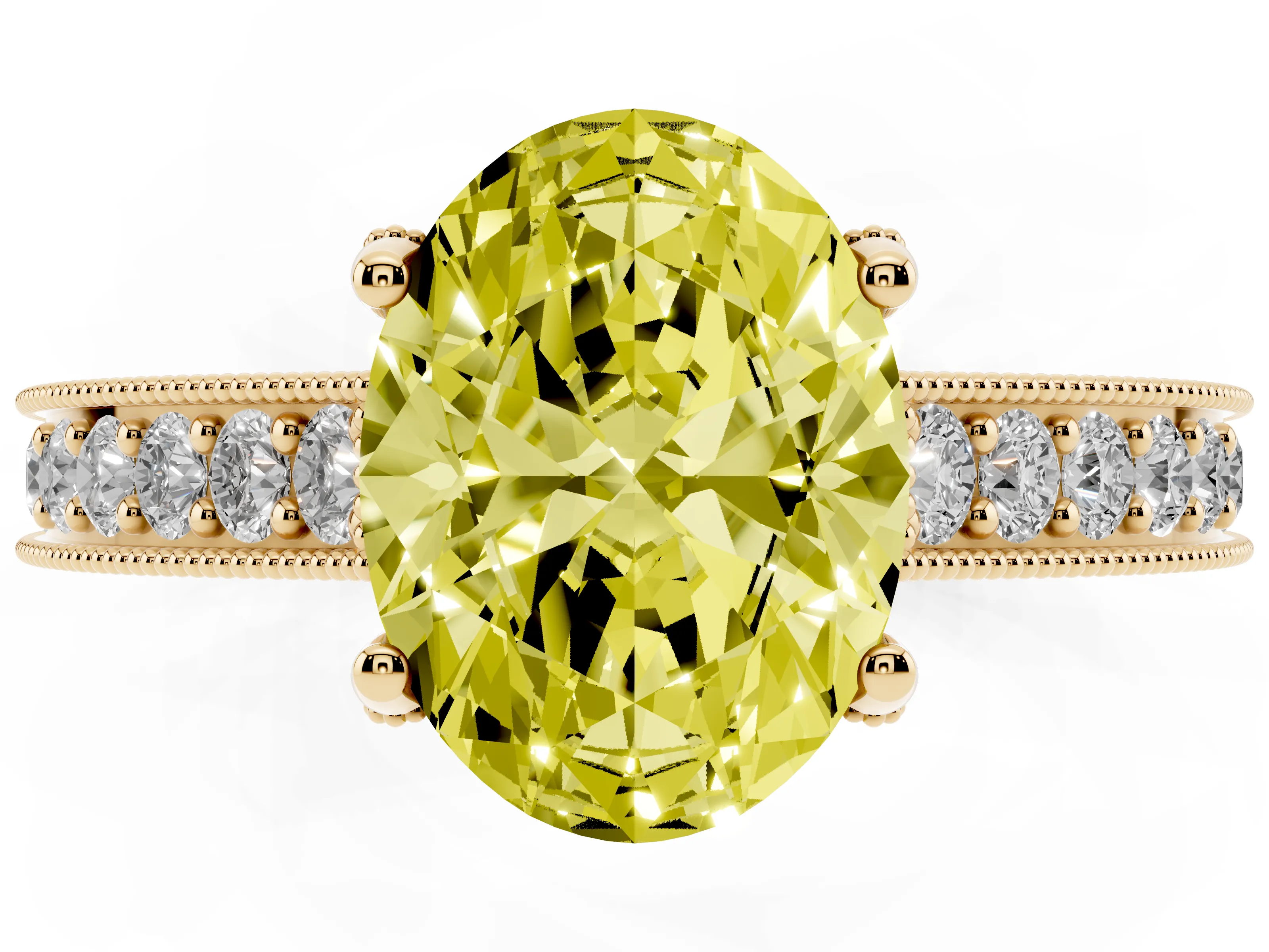 Fancy Yellow Oval Cut Diamond Solitaire Ring Set in Yellow gold with Milgrain-Edged Pavé Band and Prong Setting
