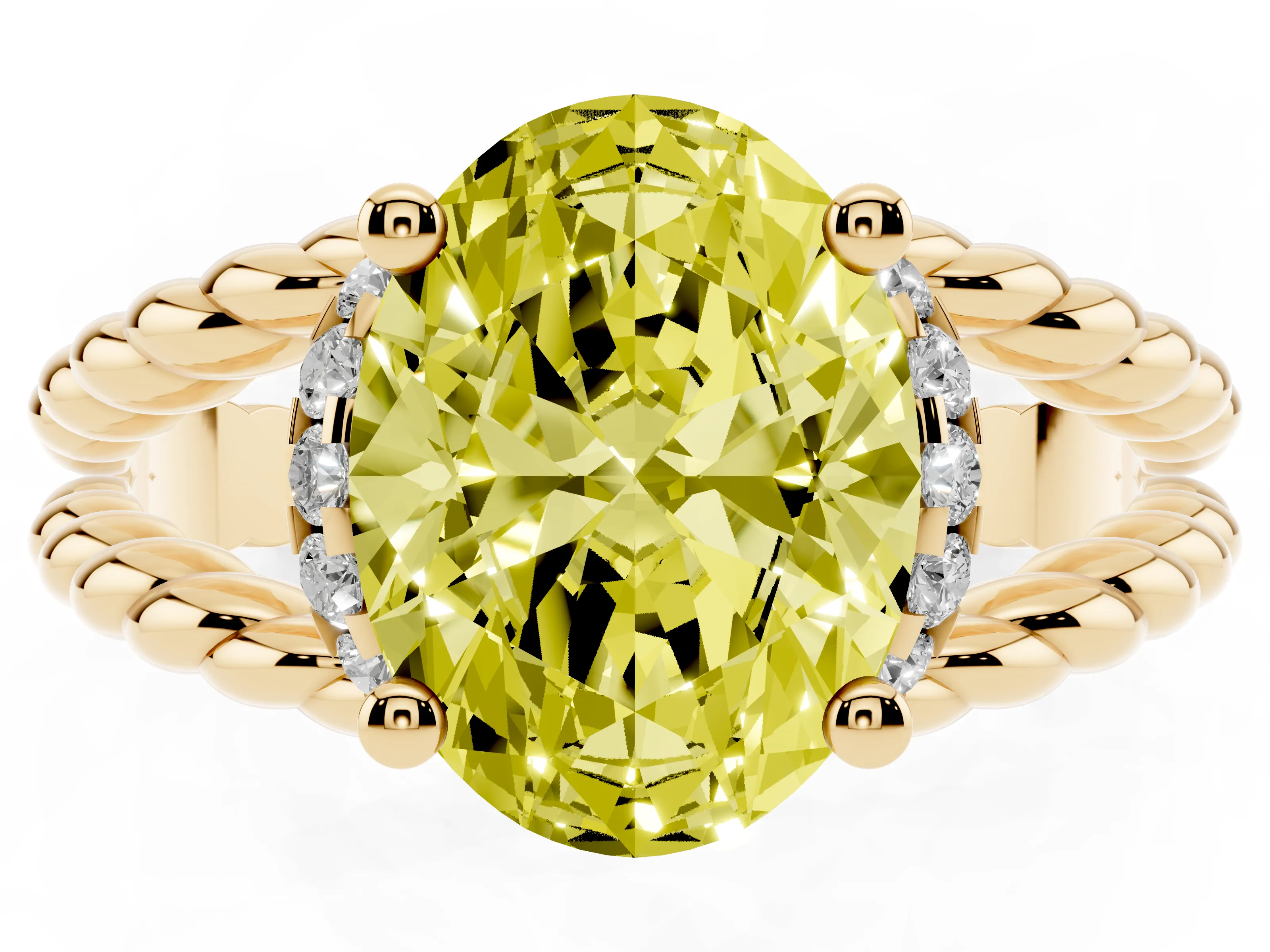 Fancy Yellow Oval Cut Diamond Halo Ring Set in Yellow gold with Twisted Band and Prong Setting
