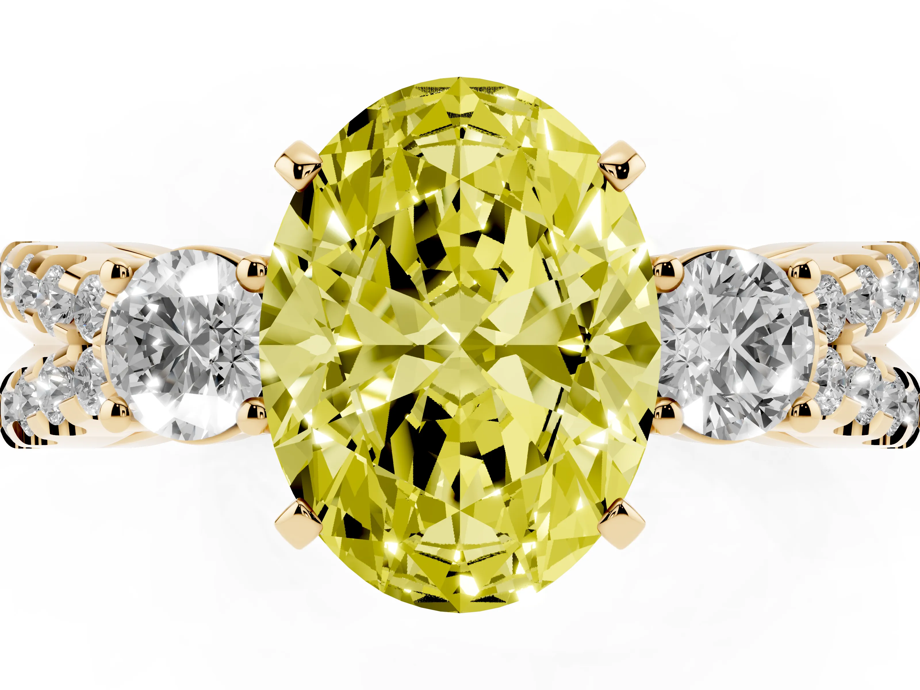 Fancy Yellow Oval Cut Diamond Three-Stone Ring Set in Yellow gold with Pavé Split Shank and Prong Setting