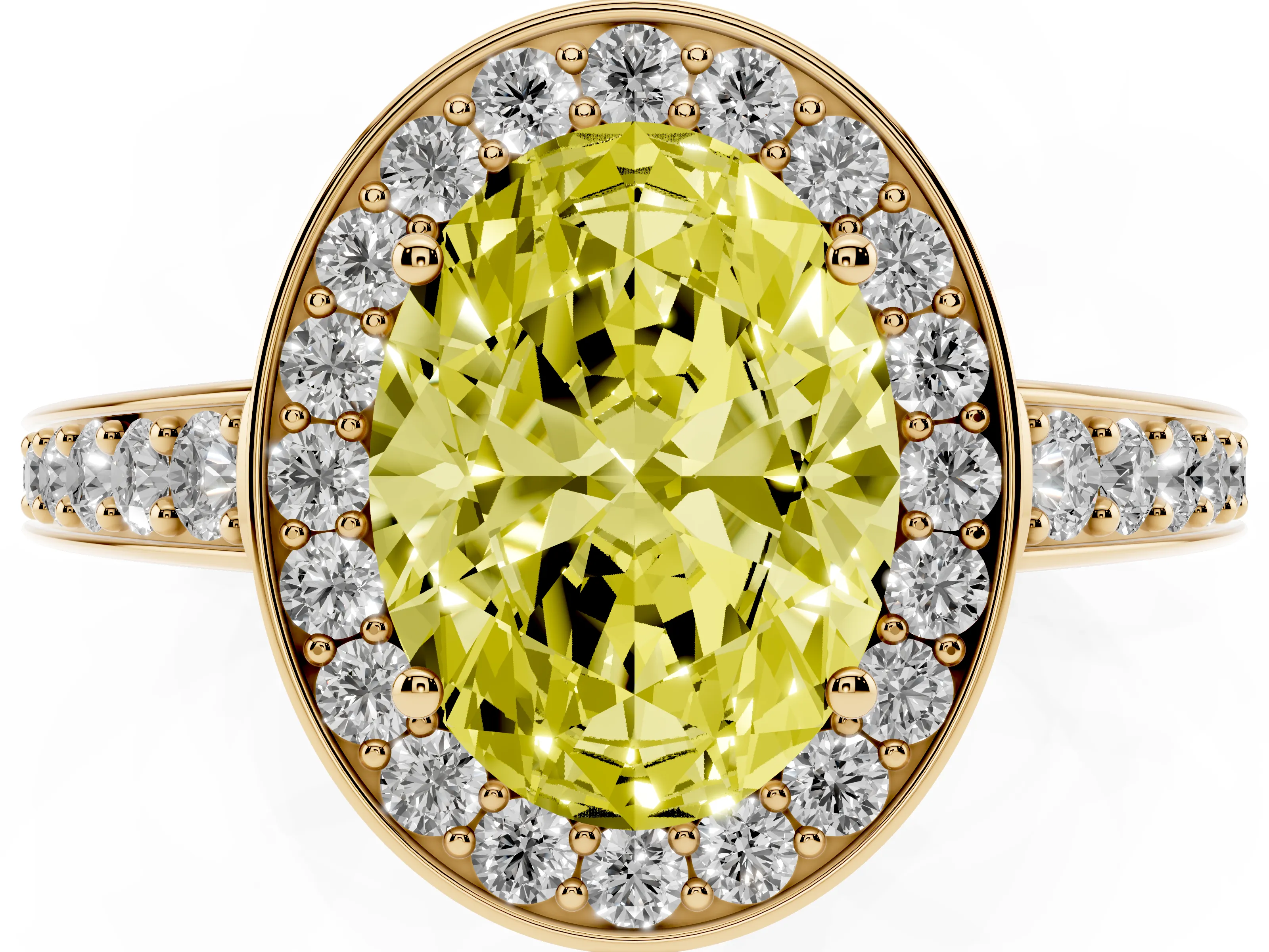 Fancy Yellow Oval Cut Diamond Halo Pavé Engagement Ring Set in Yellow gold with Bezel Setting