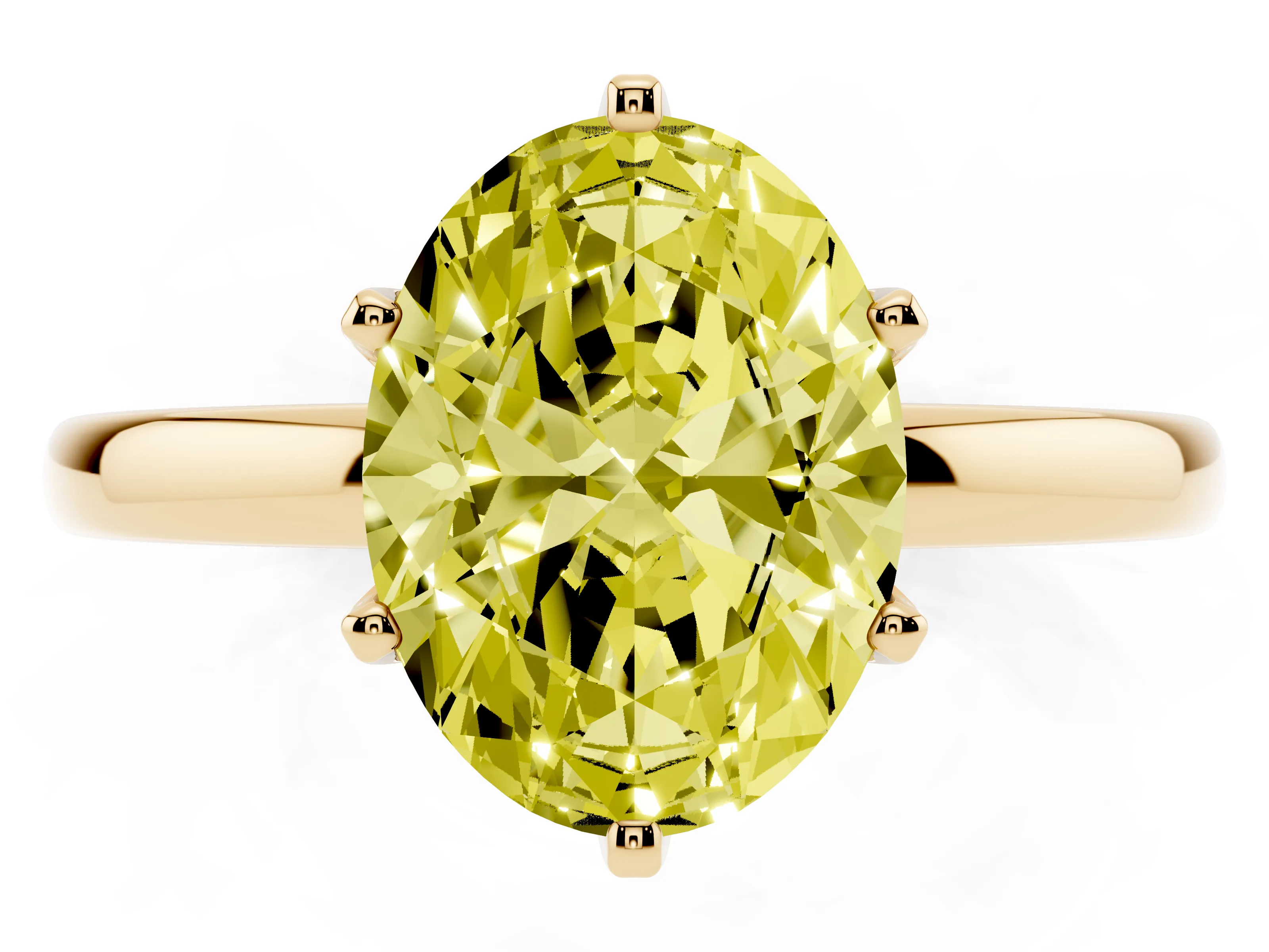 Fancy Yellow Oval Cut Diamond Solitaire Ring Set in Yellow gold with Raised Prong Setting on a Classic Band