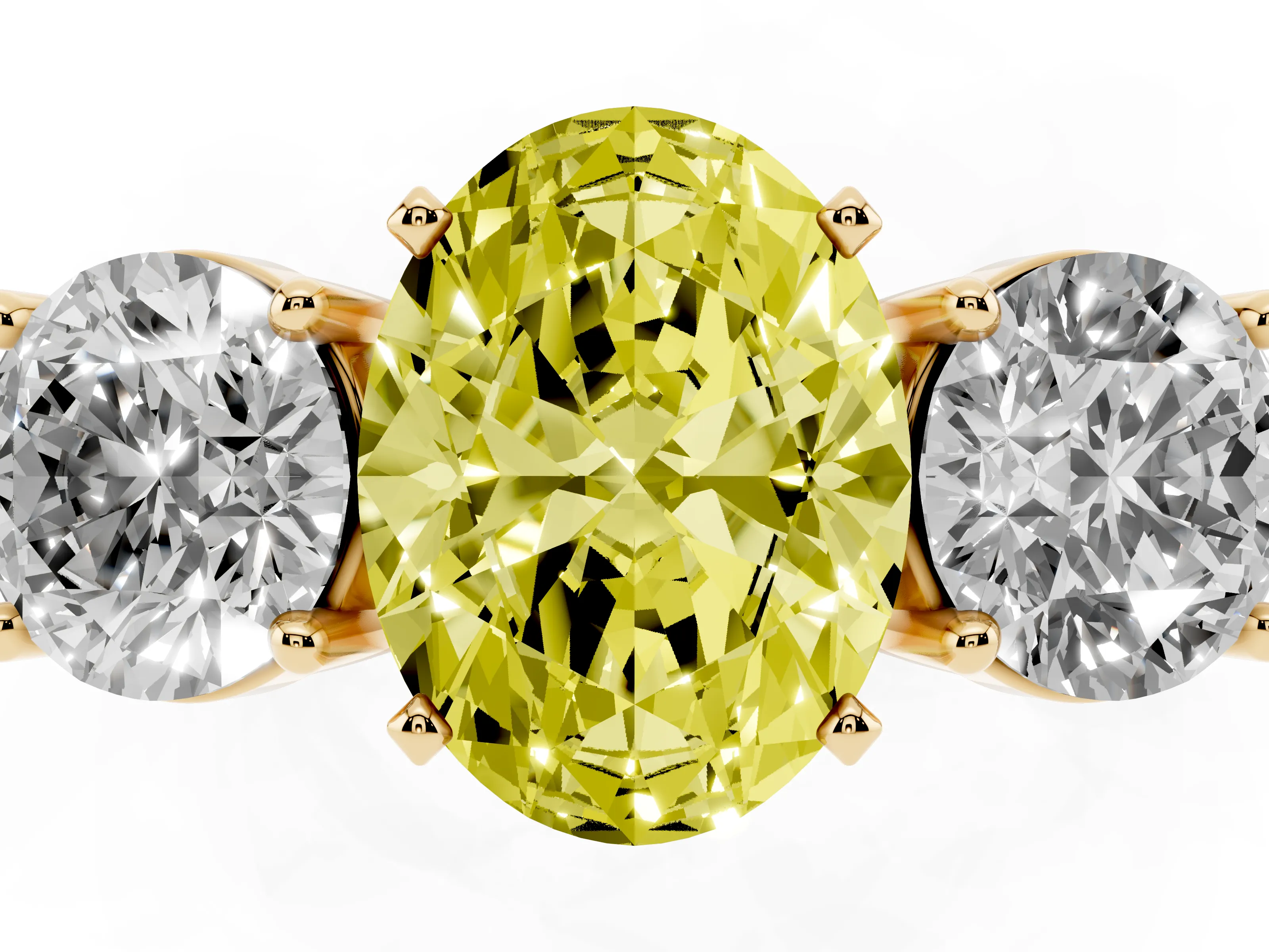 Fancy Yellow Oval Cut Diamond Three-Stone Ring Set in Yellow gold with Round Side Stones and Classic Band