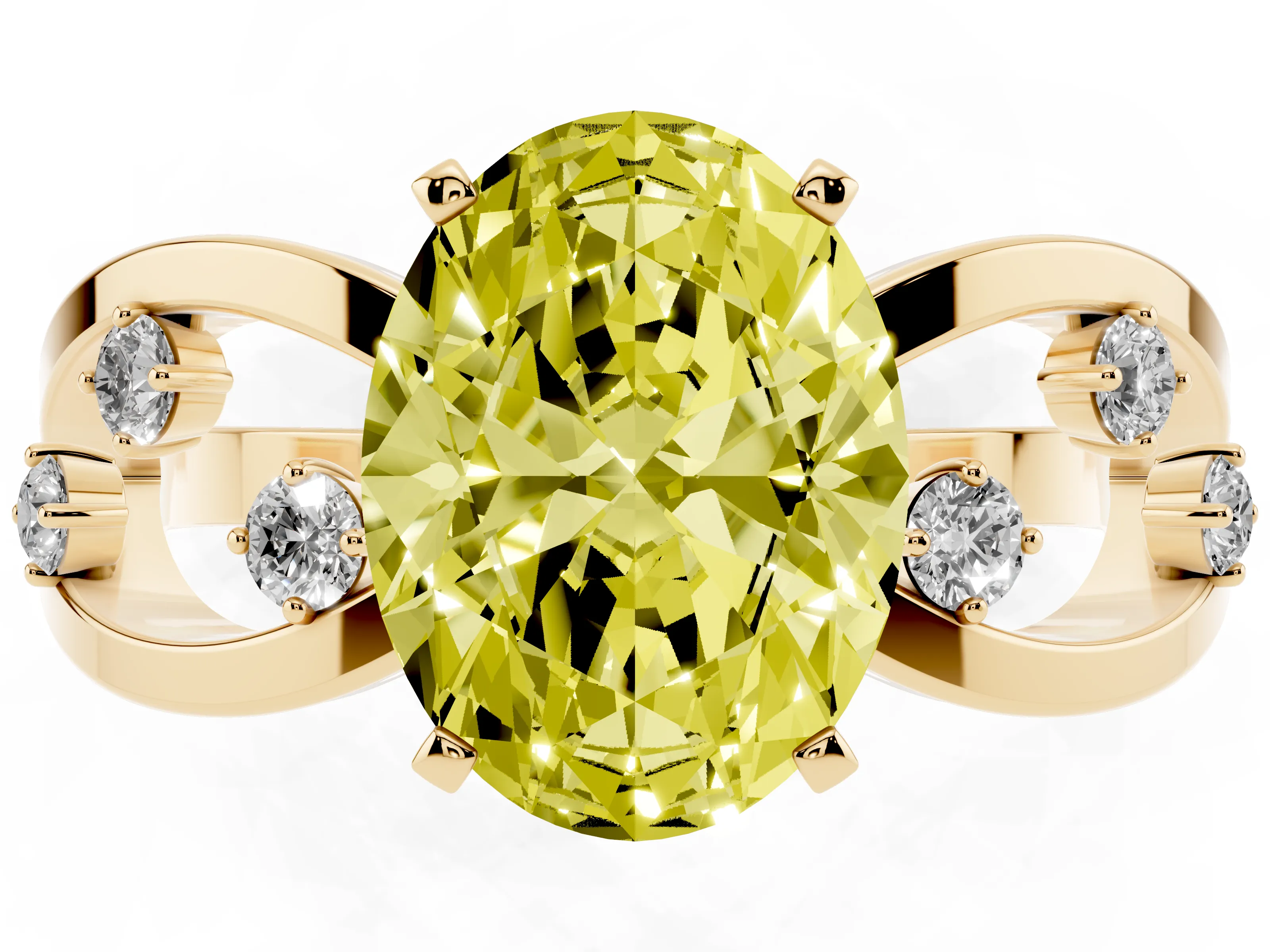 Fancy Yellow Oval Cut Diamond Solitaire Ring Set in Yellow gold with Side Stones on Criss-Cross Band and Prong Setting