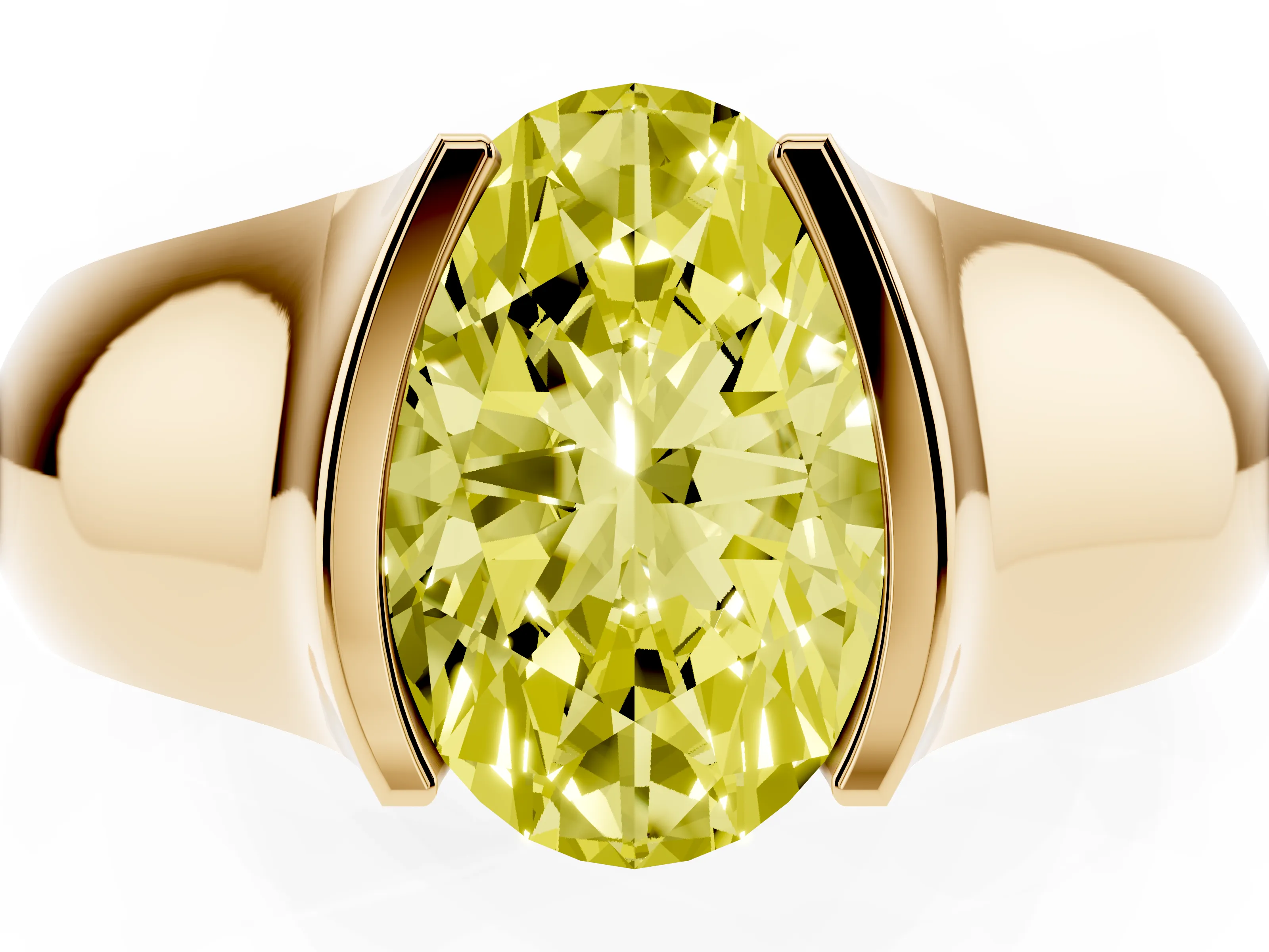 Fancy Yellow Oval Cut Diamond Bezel Solitaire Ring Set in Yellow gold with Wide Band