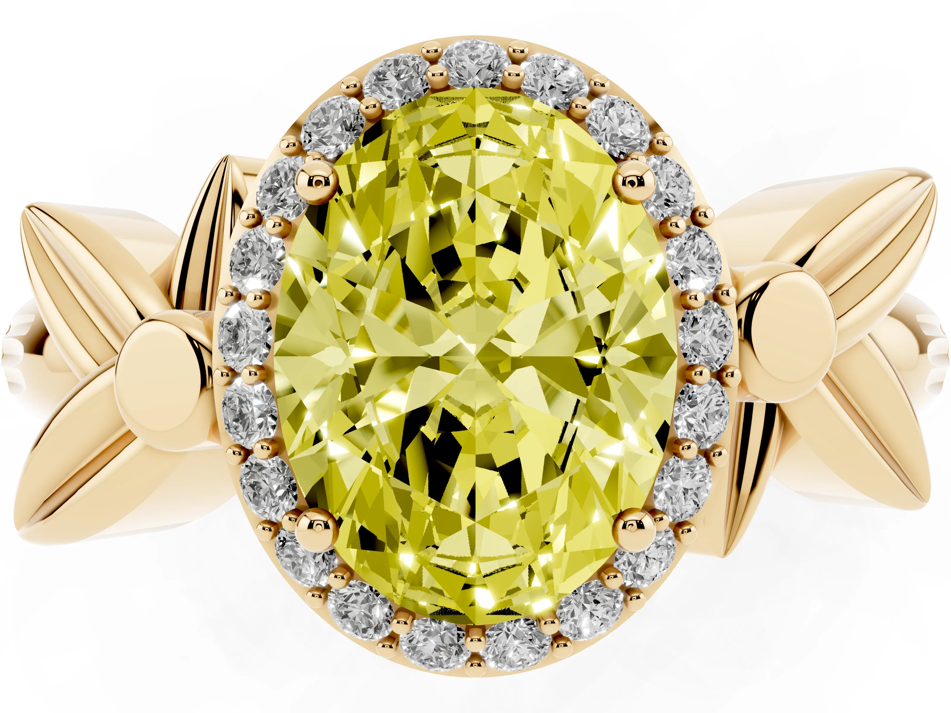 Fancy Yellow Oval Cut Diamond Halo Floral Band Ring Set in Yellow gold with Prong Setting
