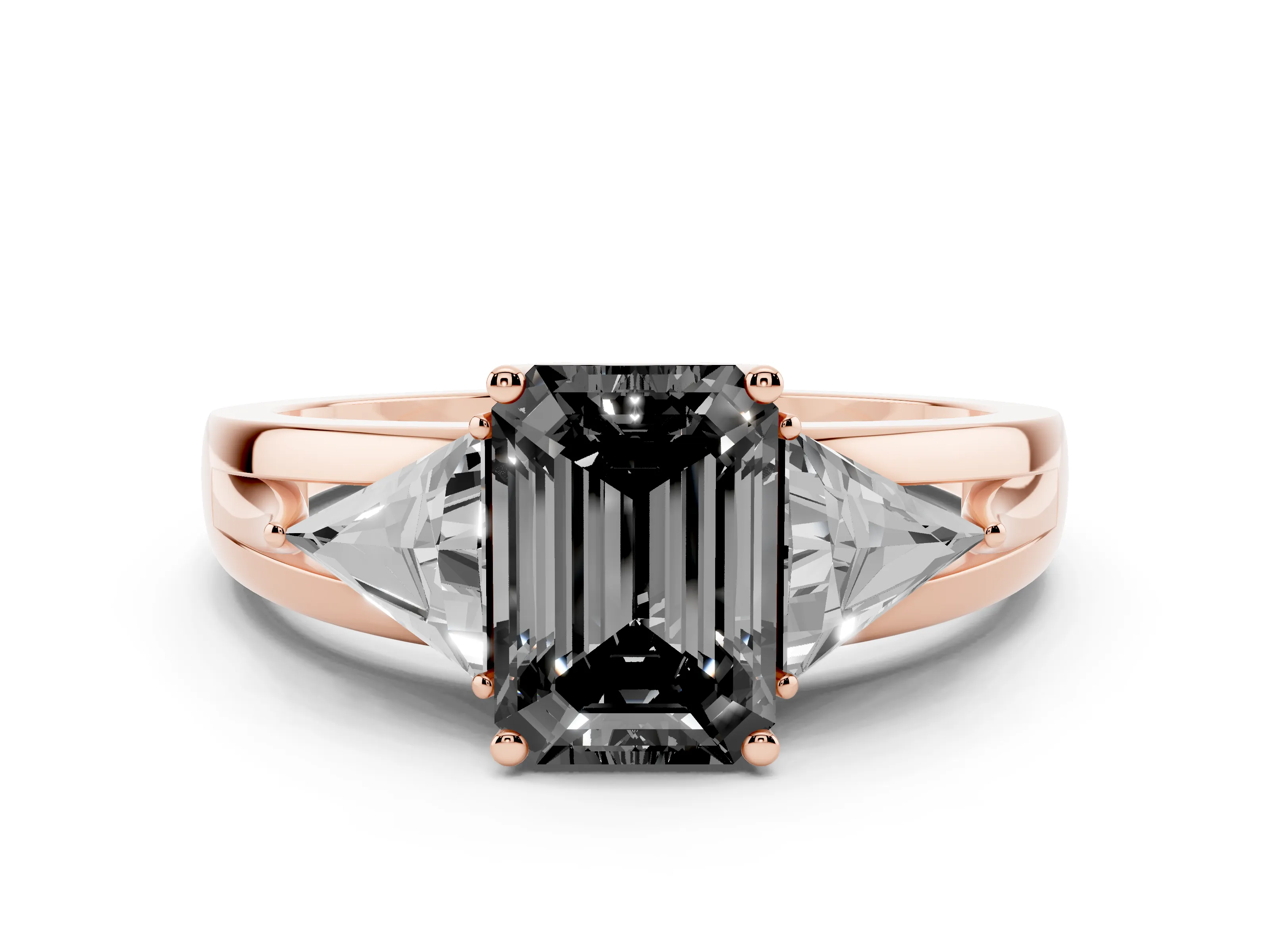 Fancy Black Emerald Cut Diamond Three-Stone Ring Set in Rose gold with Trillion Side Stones and Split Shank