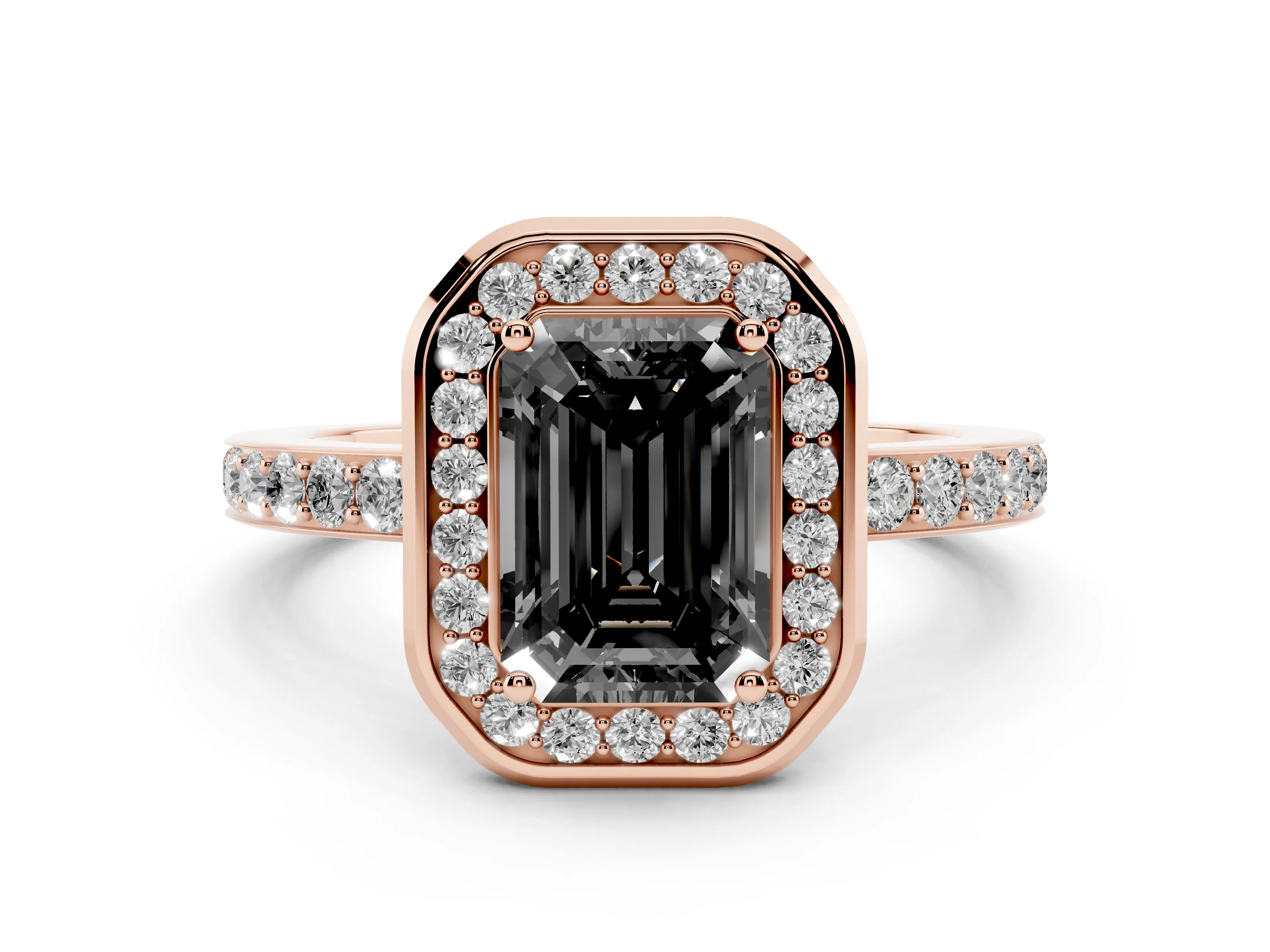 Fancy Black Emerald Cut Diamond Halo Ring Set in Rose gold with Bezel Frame and Pavé Band