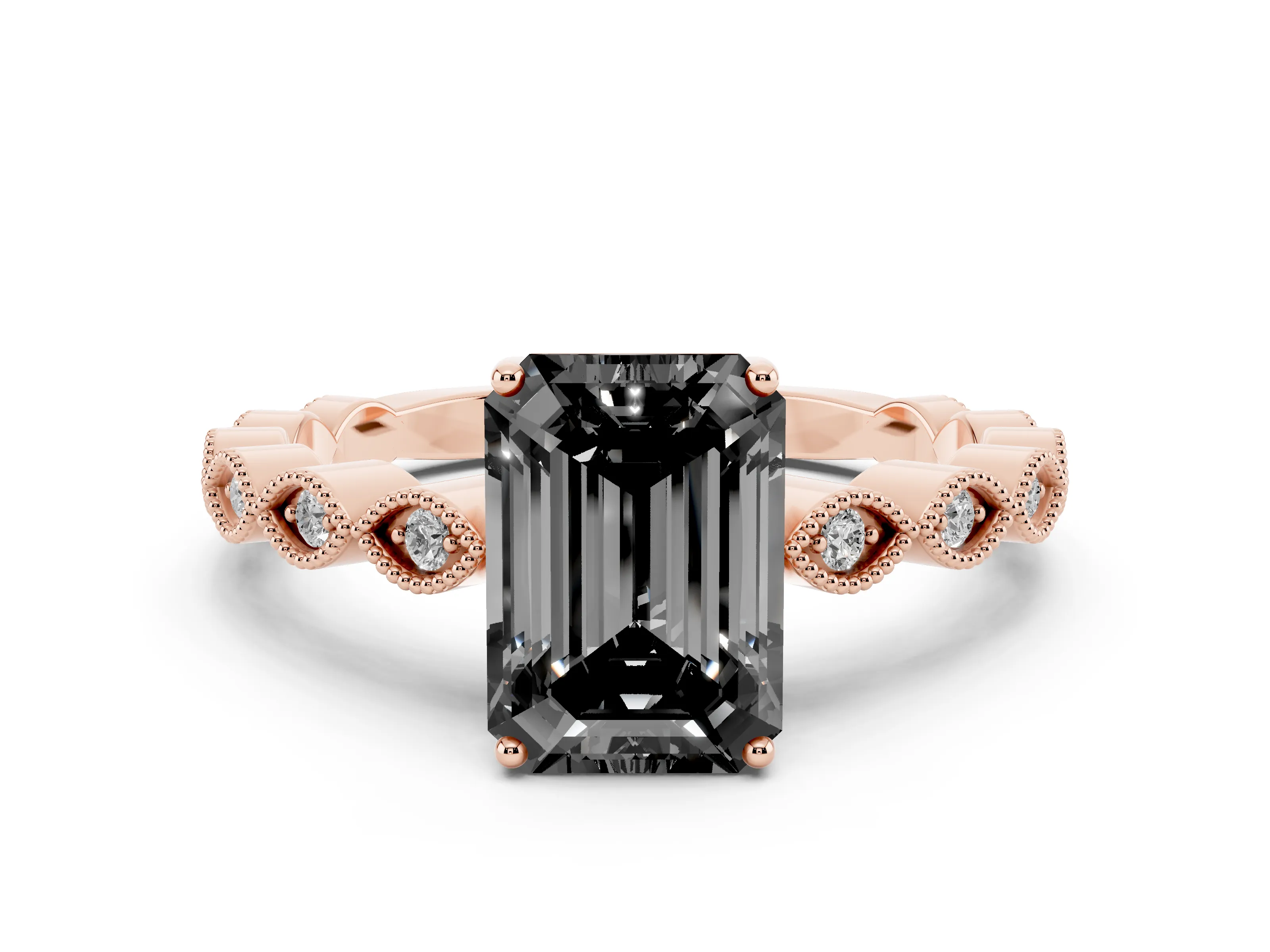 Fancy Black Emerald Cut Diamond Solitaire Ring Set in Rose gold with Infinity Twist Pavé Band