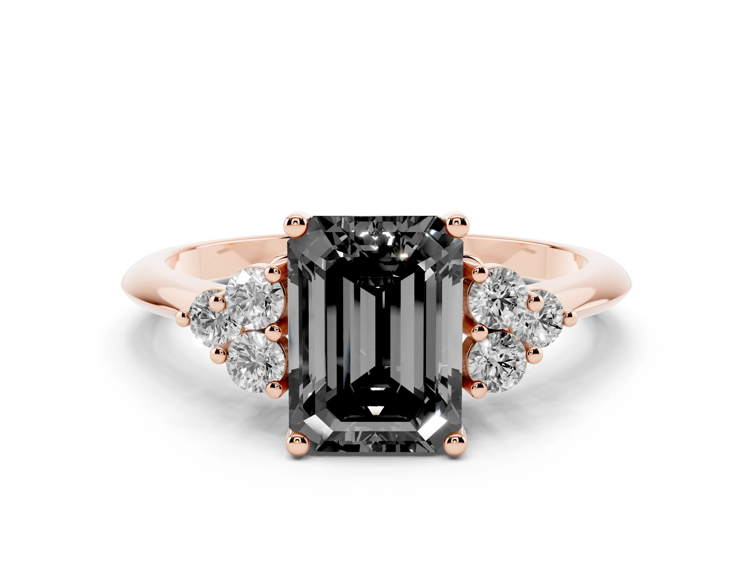 Fancy Black Emerald Cut Diamond Cluster Ring Set in Rose gold with Plain Band and Prong Setting