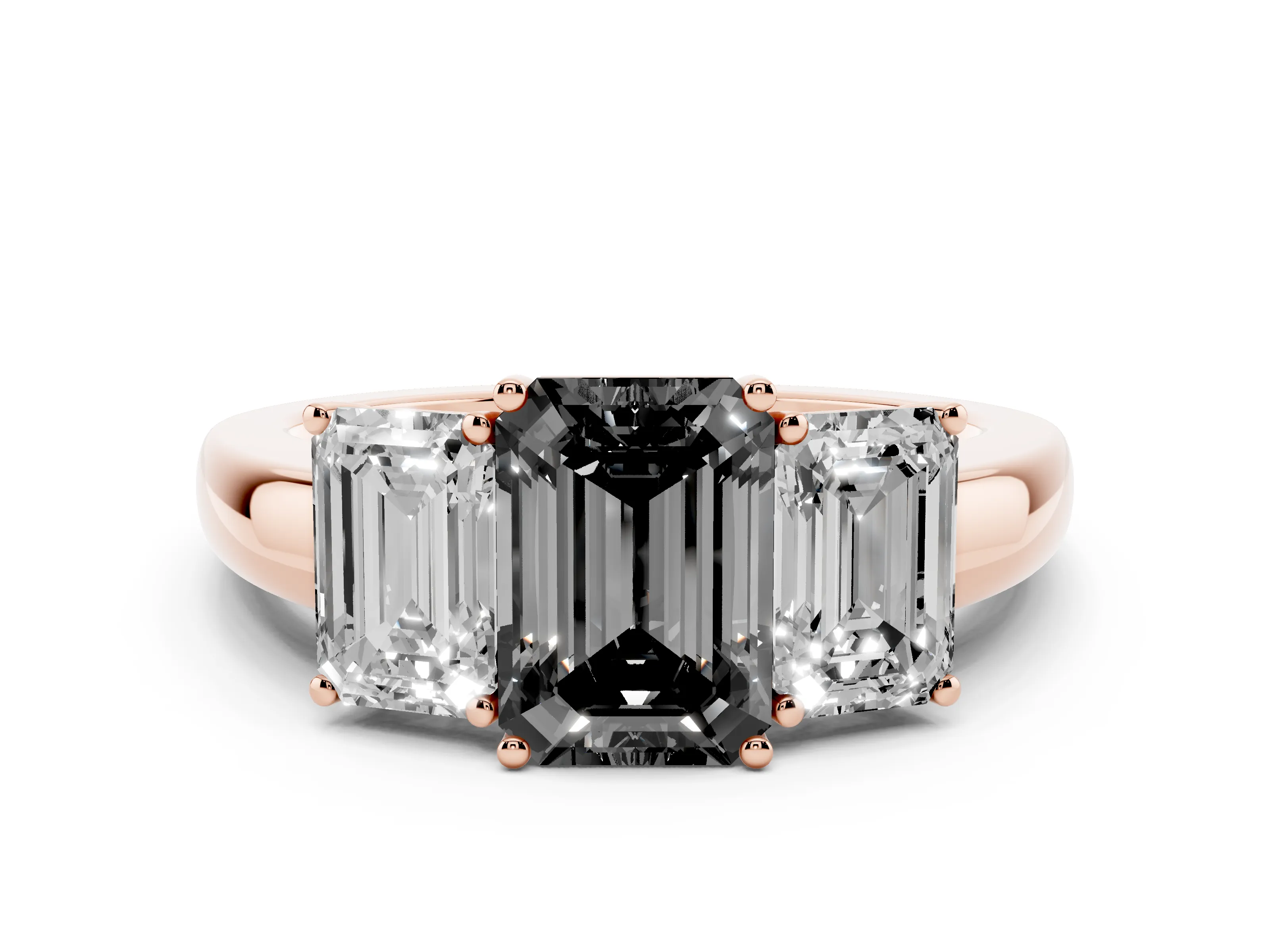 Fancy Black Emerald Cut Diamond Three-Stone Ring Set in Rose gold with Bold Center and Classic Band