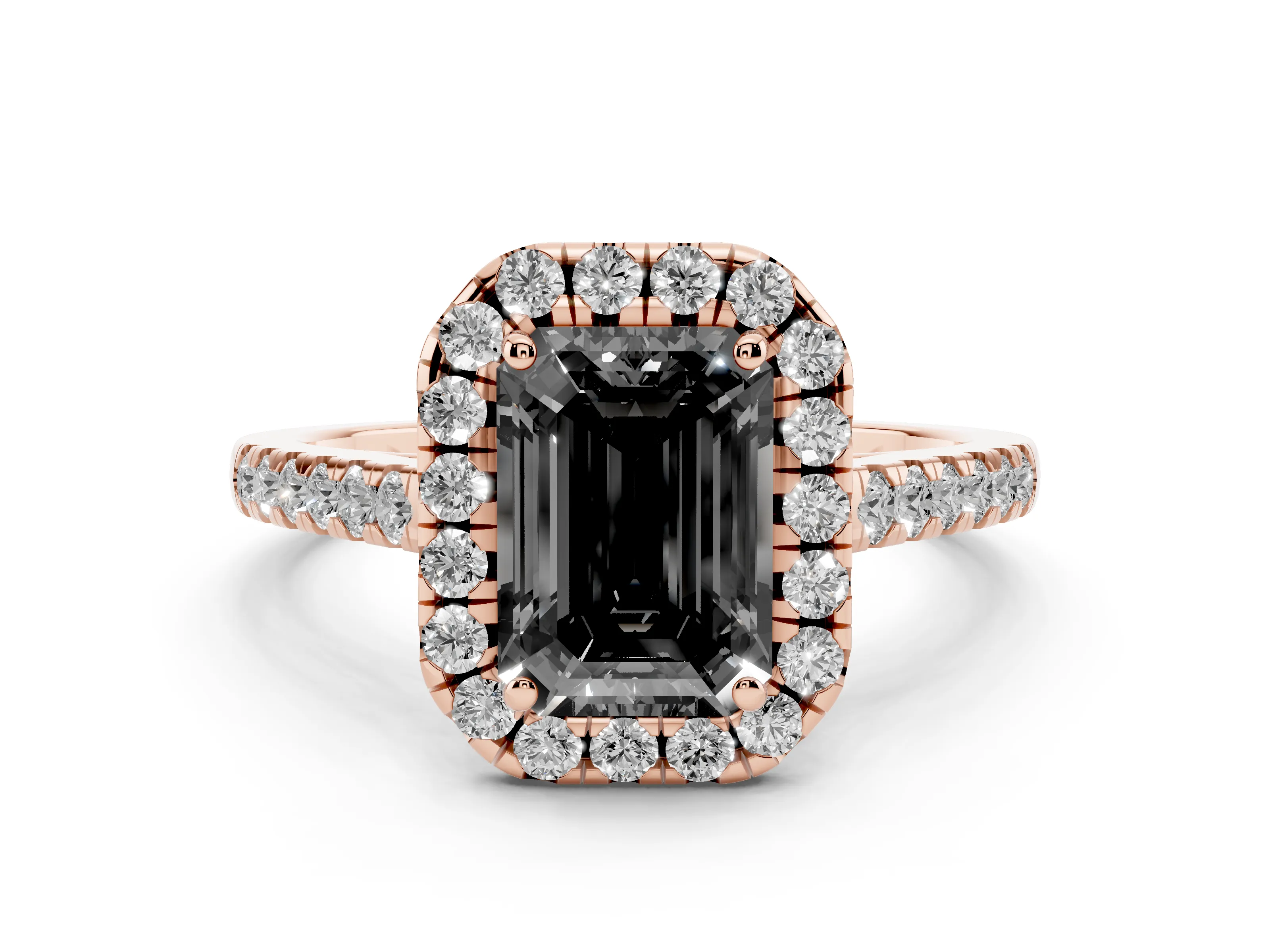 Fancy Black Emerald Cut Diamond Halo Pavé Engagement Ring Set in Rose gold with Prong Setting