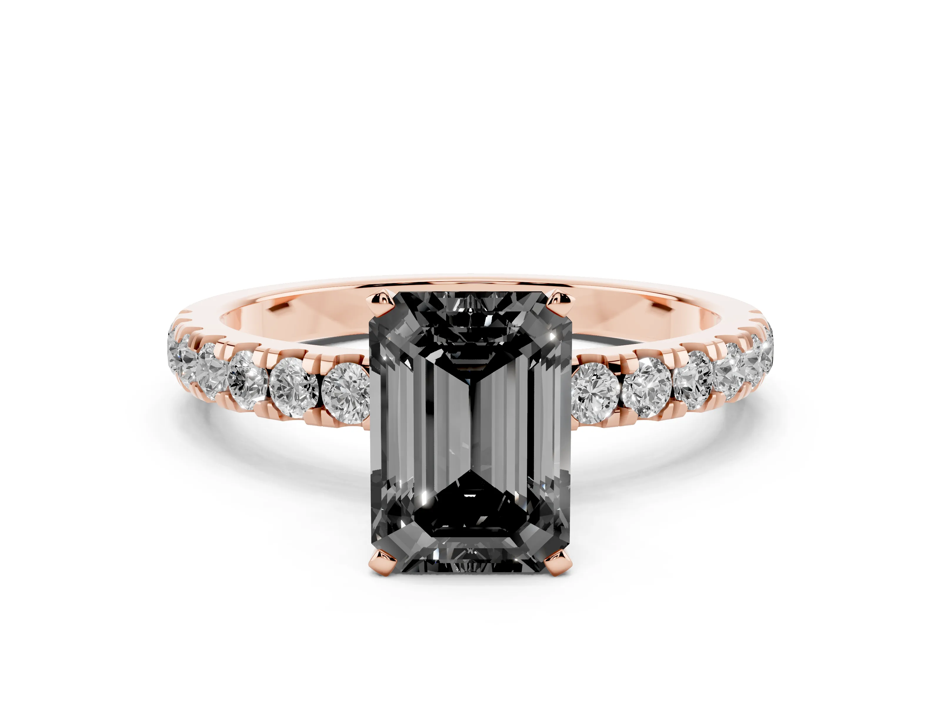 Fancy Black Emerald Cut Diamond Solitaire Ring Set in Rose gold with Pavé Accents and Prong Setting