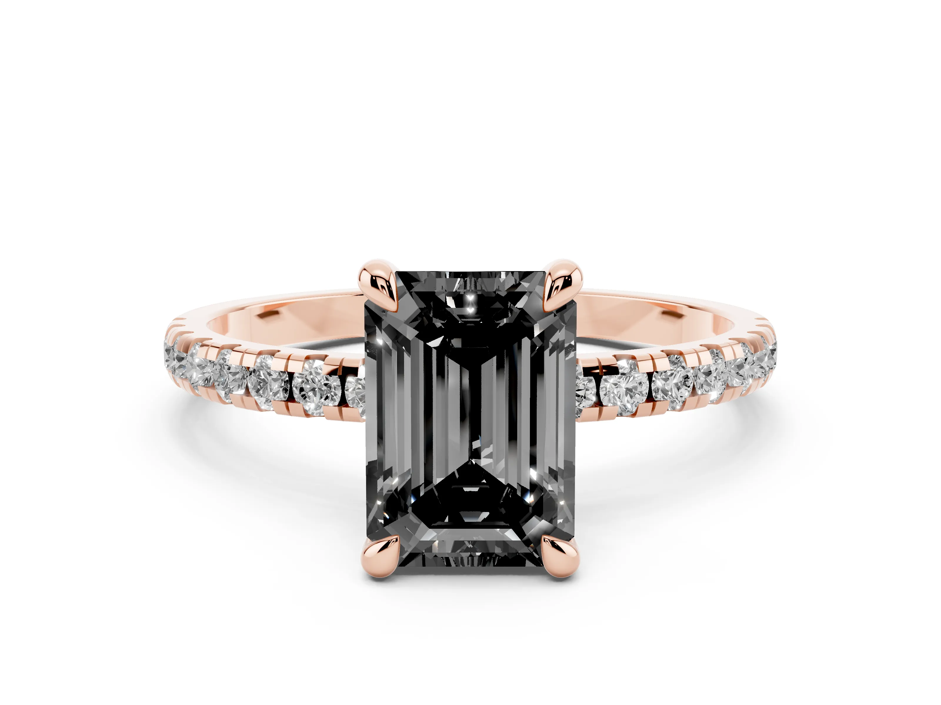 Fancy Black Emerald Cut Diamond Brilliant Solitaire Ring Set in Rose gold with Pavé Band and Prong Setting