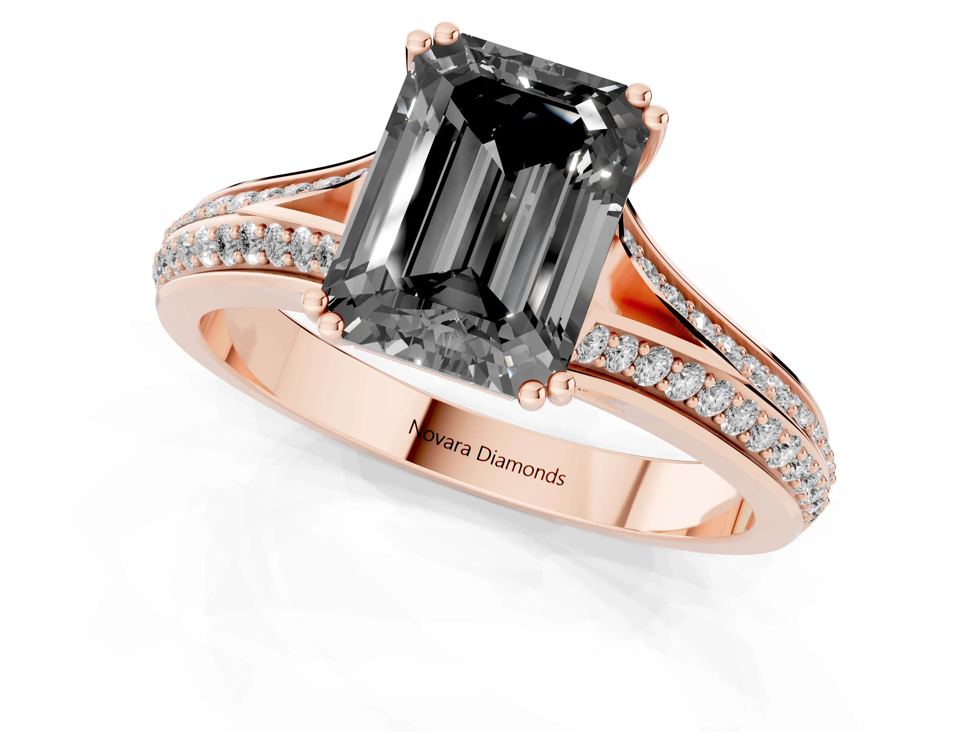 Fancy Black Emerald Cut Diamond Split Shank Pavé Engagement Ring Set in Rose gold with Prong-Set Center Stone