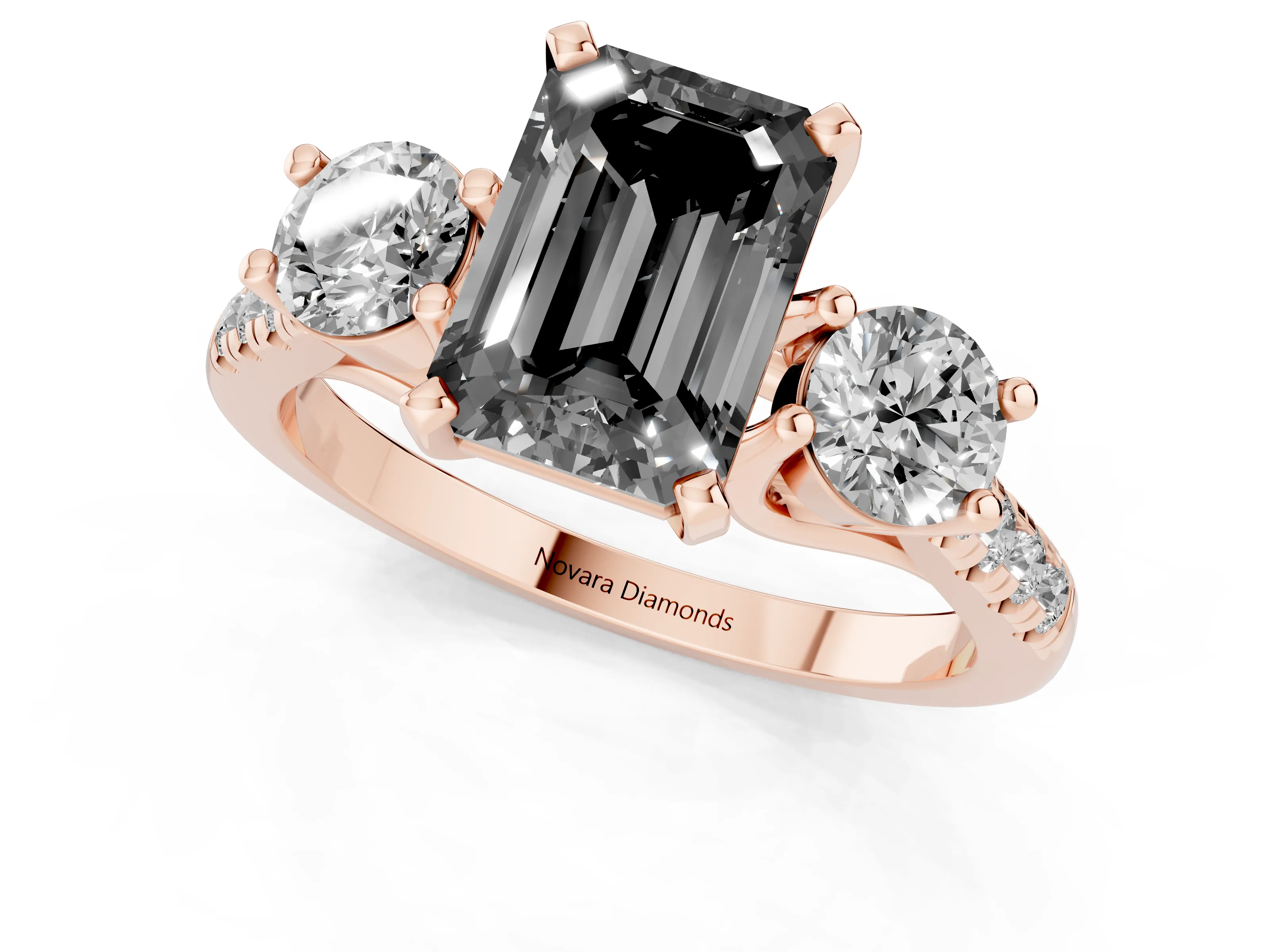 Fancy Black Three-Stone Emerald Cut Diamond Pavé Band Ring Set in Rose gold with Prong-Set Trio