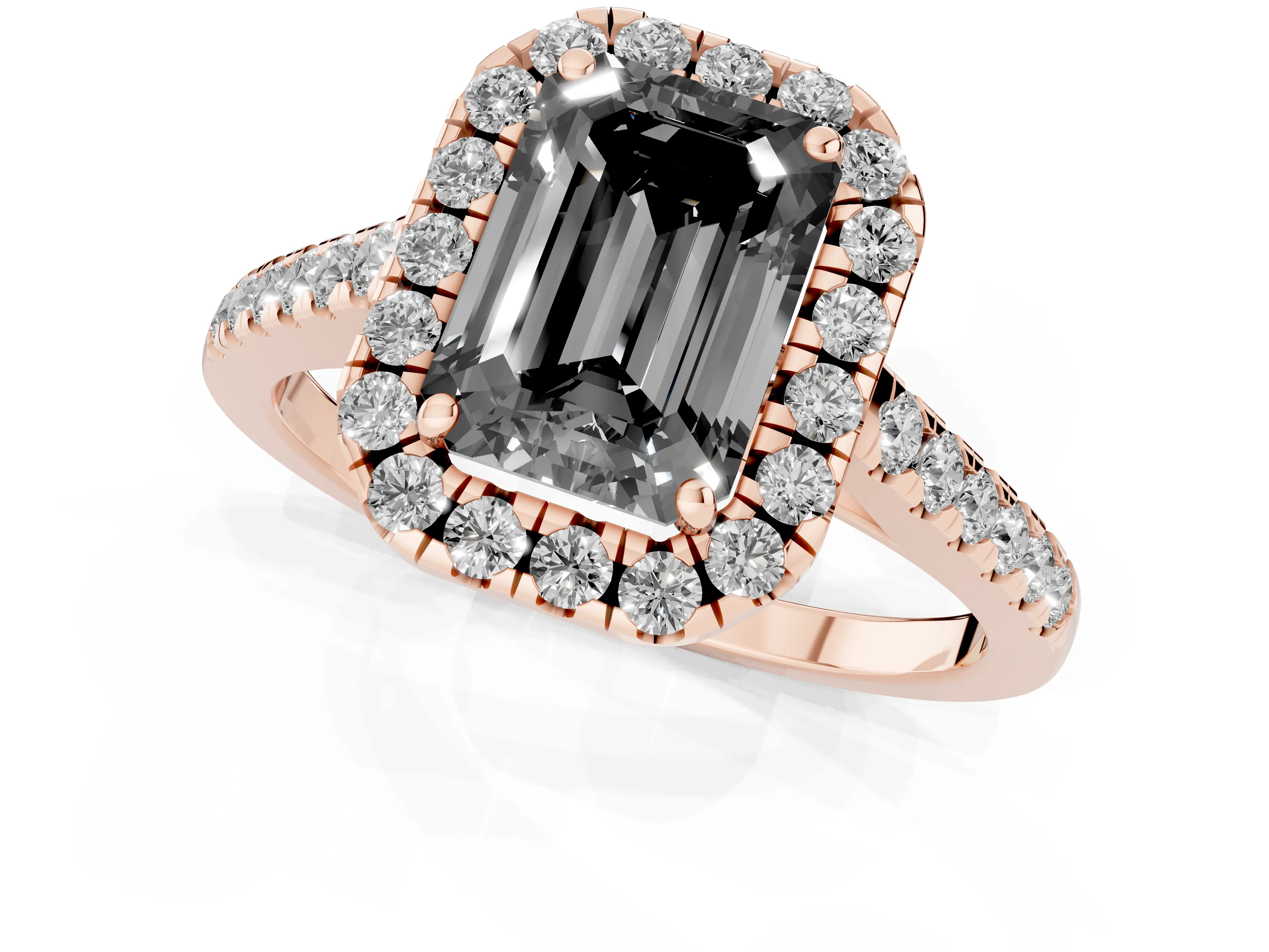 Fancy Black Emerald Cut Diamond Halo Pavé Engagement Ring Set in Rose gold with Prong Setting