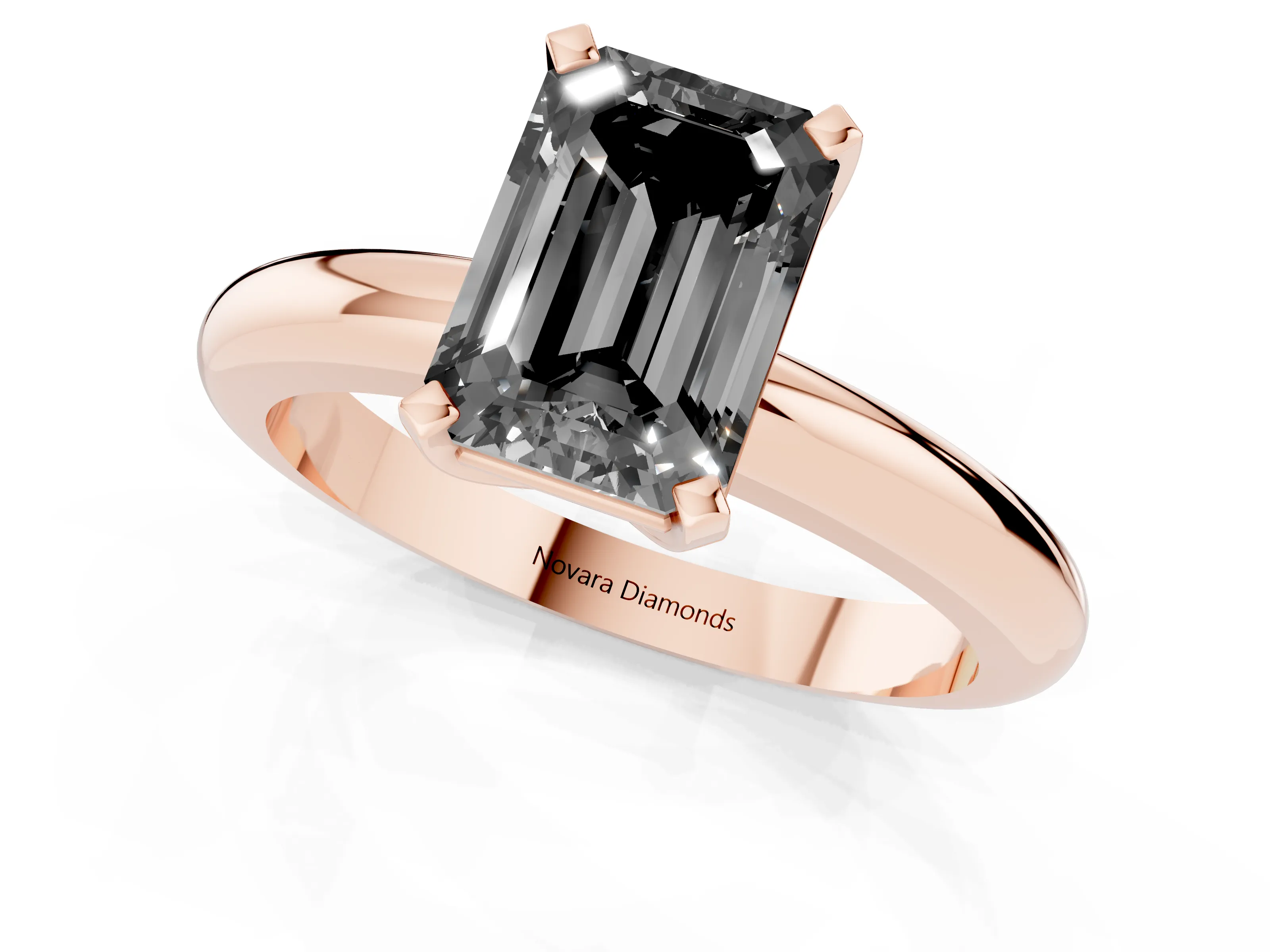 Fancy Black Emerald Cut Diamond Solitaire Engagement Ring Set in Rose gold with Round Band and Prong Setting