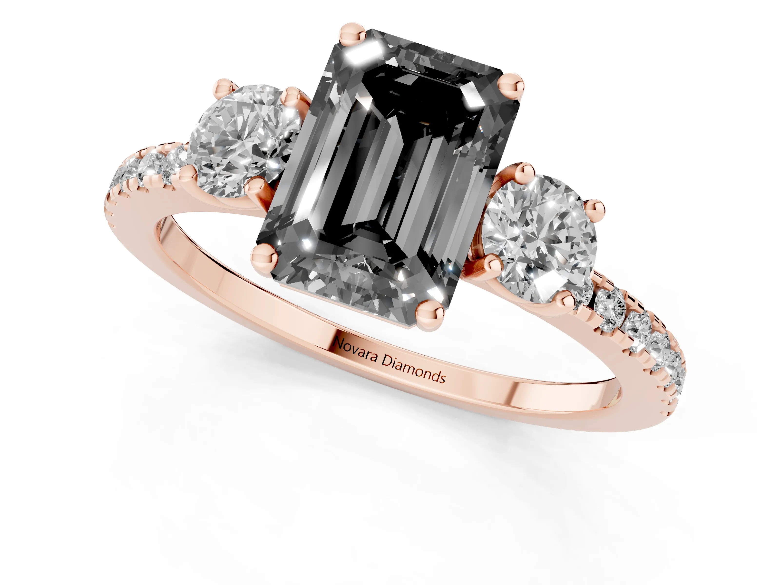 Fancy Black Emerald Cut Diamond Three-Stone Ring Set in Rose gold with Pavé Band and Graduated Sides