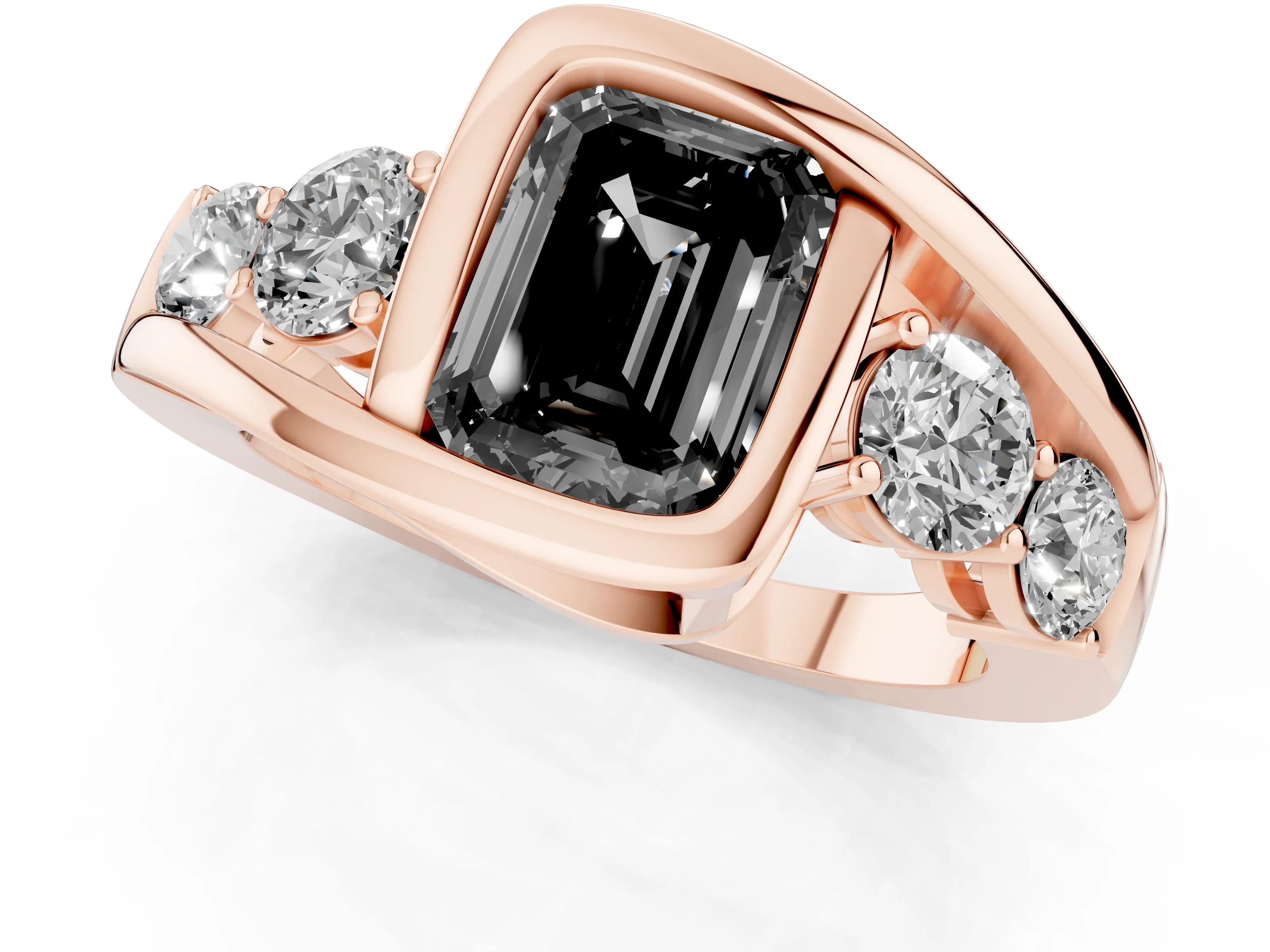 Fancy Black Emerald Cut Diamond Bezel Bypass Ring Set in Rose gold with Round Accents