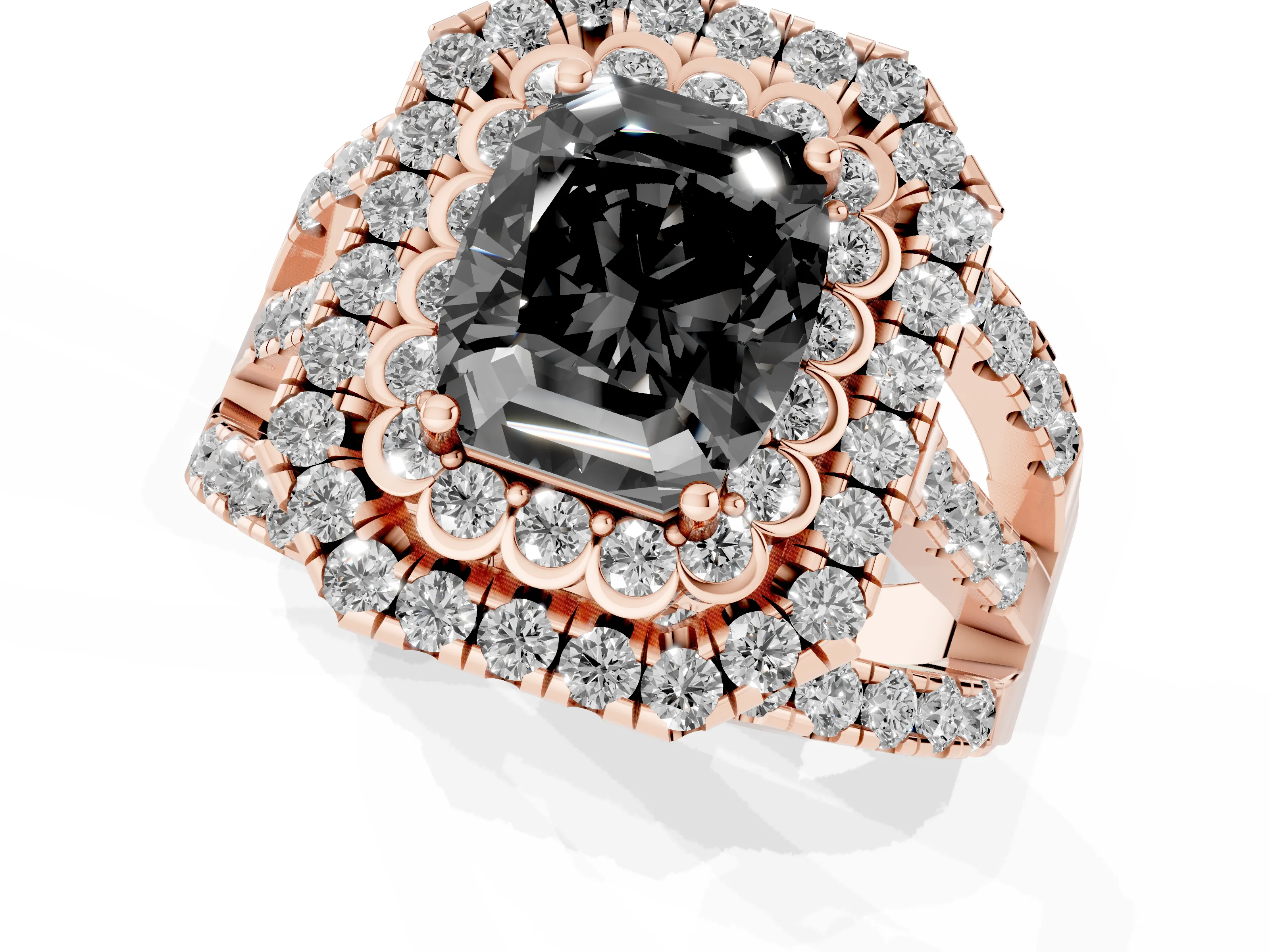 Fancy Black Emerald Cut Diamond Double Halo Ring Set in Rose gold with Round Pavé Split Shank