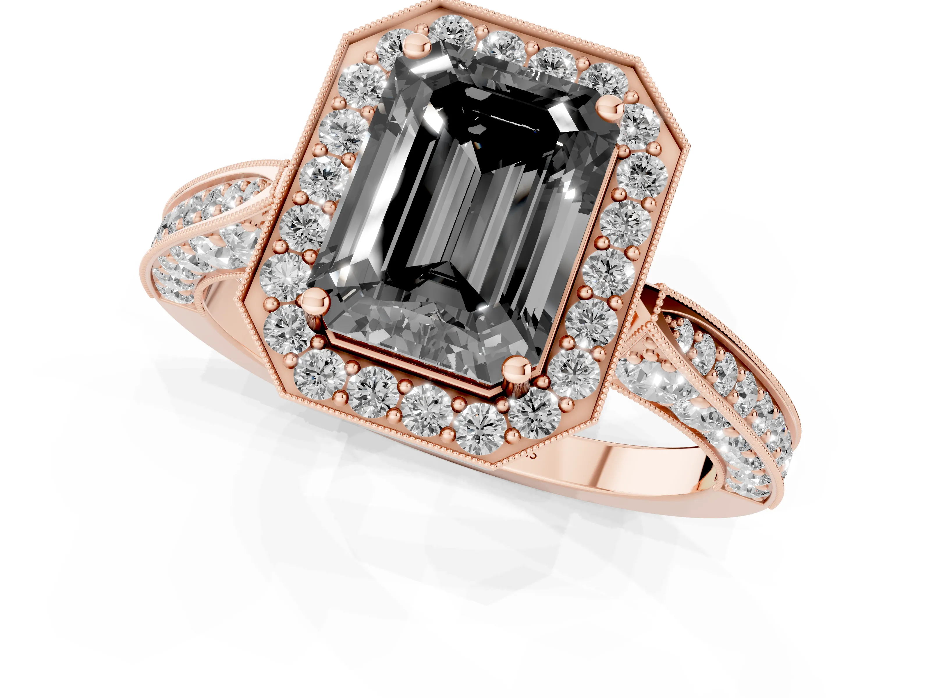 Fancy Black Emerald Cut Diamond Halo Engagement Ring Set in Rose gold with Accent Split Shank Band