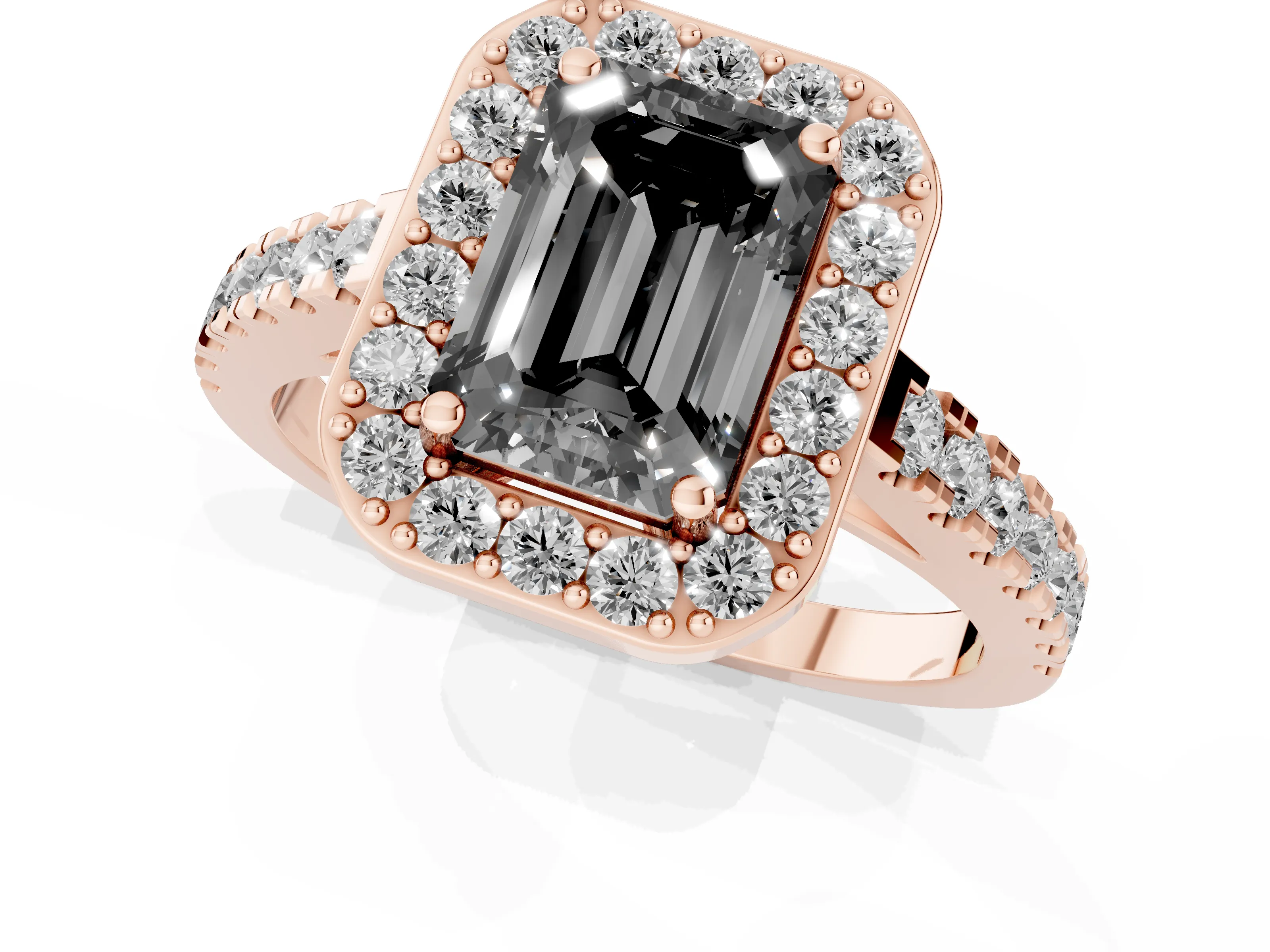 Fancy Black Emerald Cut Diamond Halo Ring Set in Rose gold with Round Pavé Split Shank and Prong Setting