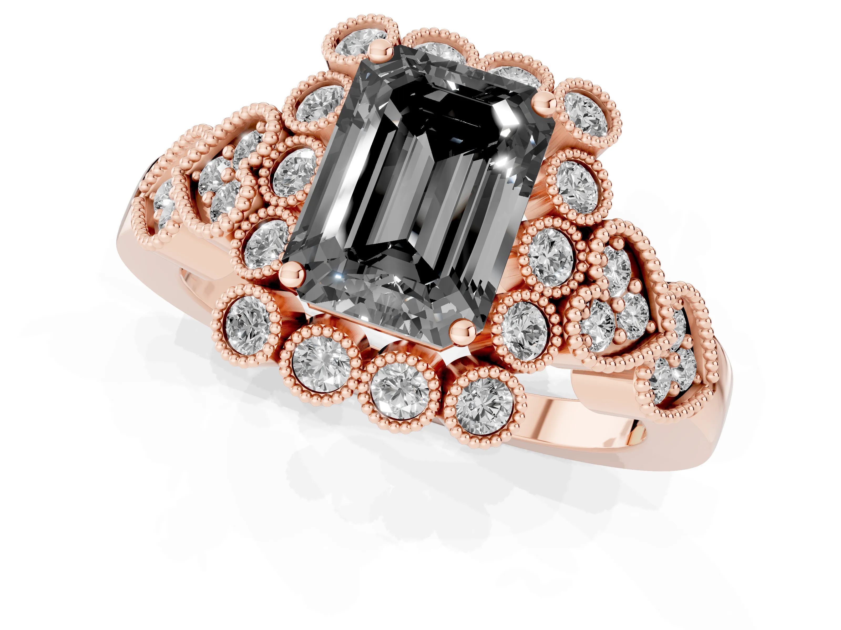 Fancy Black Emerald Cut Diamond Solitaire Ring Set in Rose gold with Milgrain Pavé Heart Band