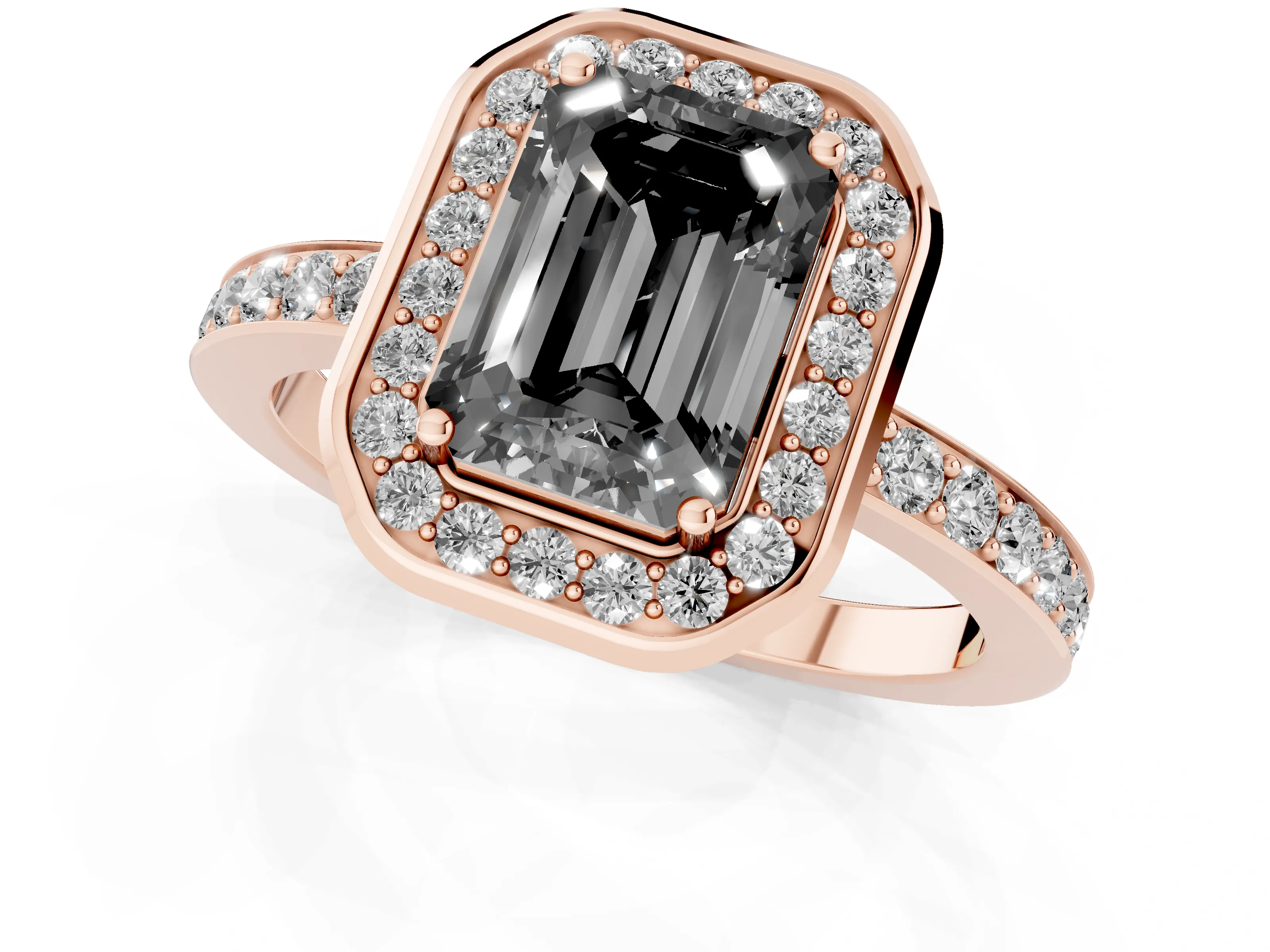 Fancy Black Emerald Cut Diamond Halo Ring Set in Rose gold with Bezel Frame and Pavé Band