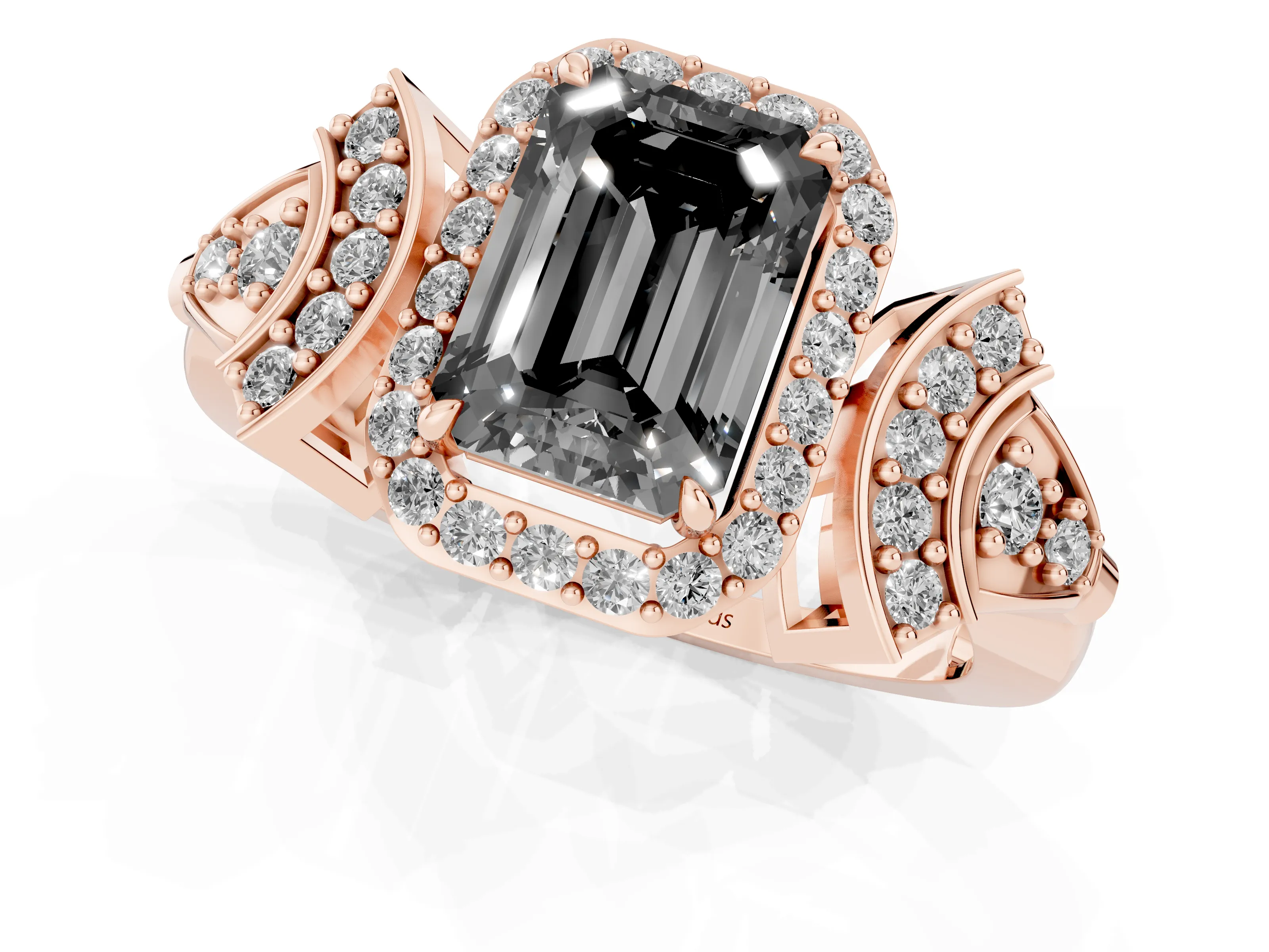 Fancy Black Emerald Cut Diamond Halo Engagement Ring Set in Rose gold with Accent Stone Split Shank