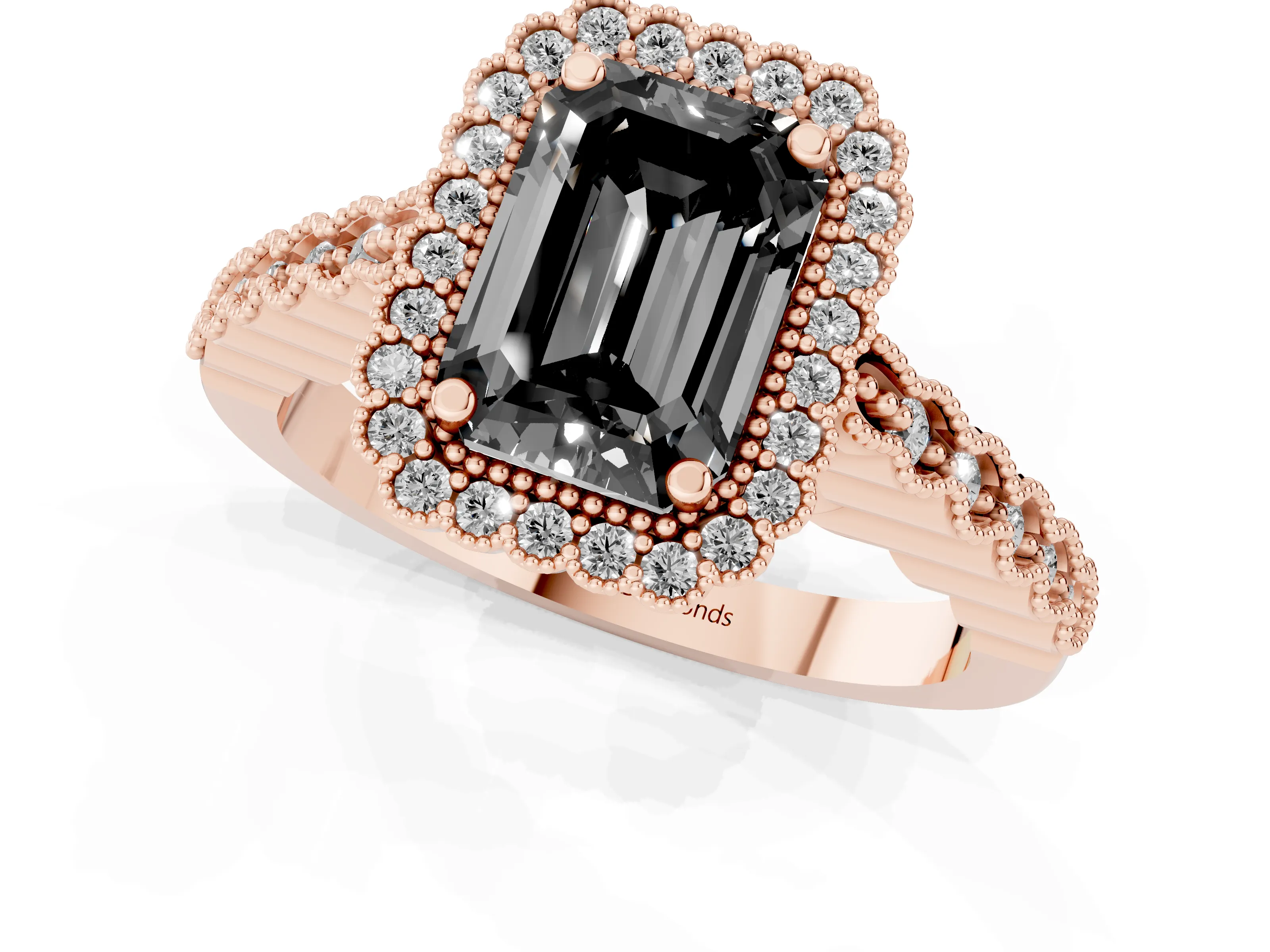 Fancy Black Emerald Cut Diamond Halo Ring Set in Rose gold with Pavé Milgrain Band
