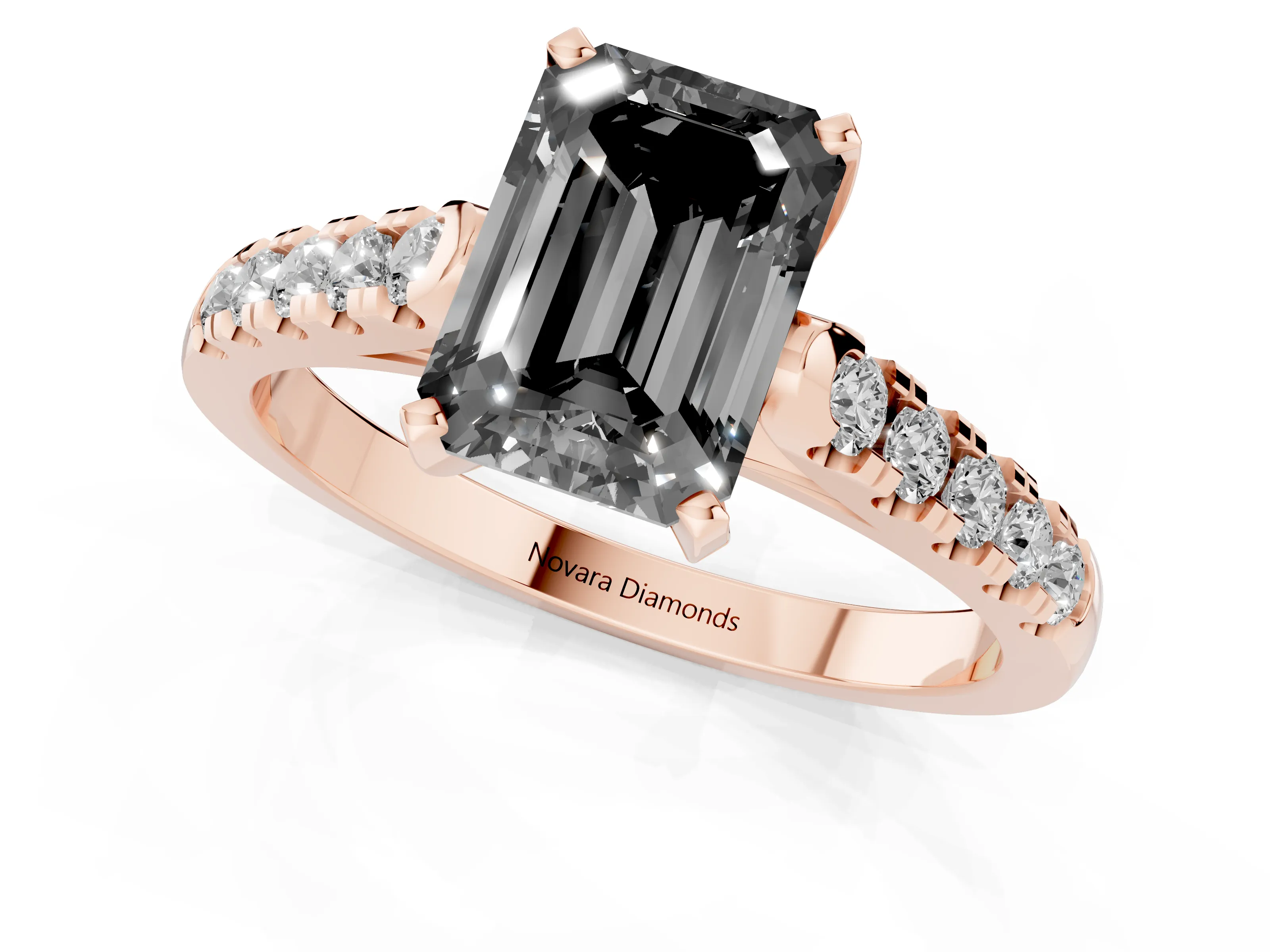 Fancy Black Emerald Cut Diamond Pavé Band Solitaire Ring Set in Rose gold with Partway Accent Stones and Prong Setting