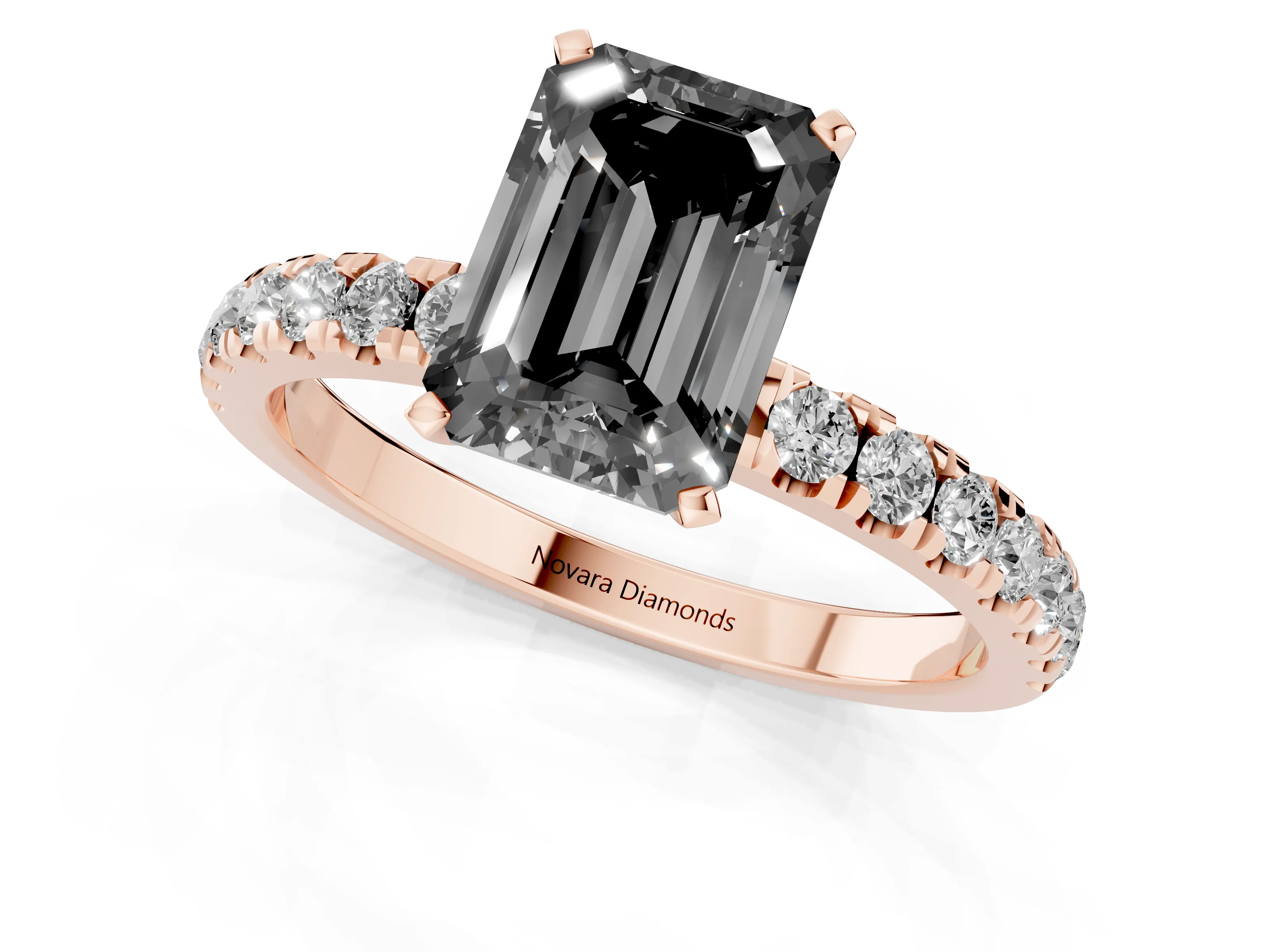 Fancy Black Emerald Cut Diamond Solitaire Ring Set in Rose gold with Pavé Accents and Prong Setting
