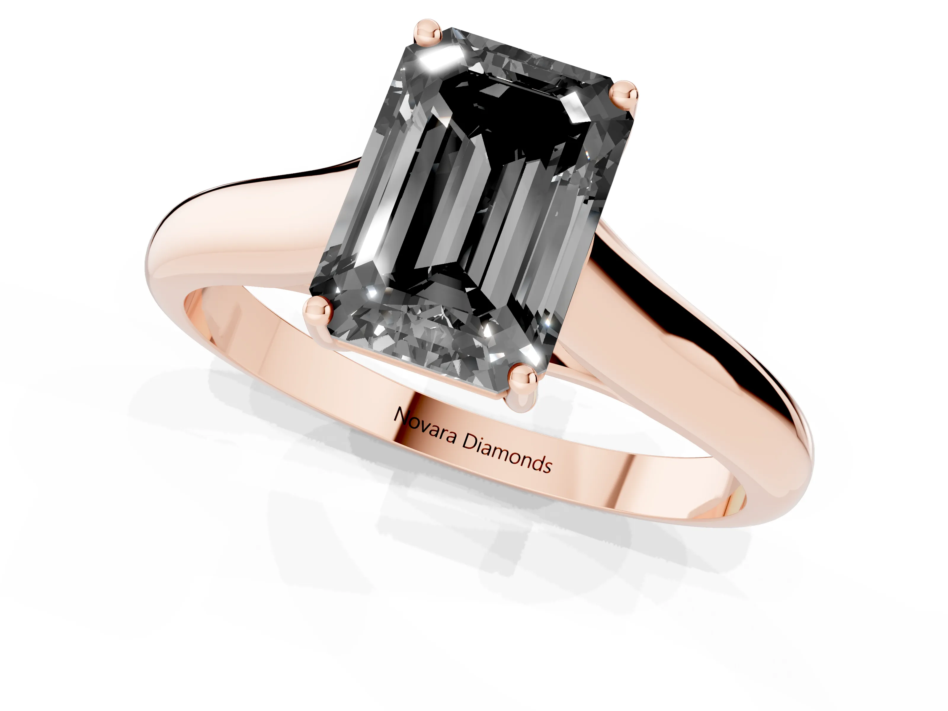 Fancy Black Emerald Cut Diamond Solitaire Engagement Ring Set in Rose gold with Subtly Tapered Band and Prong Setting