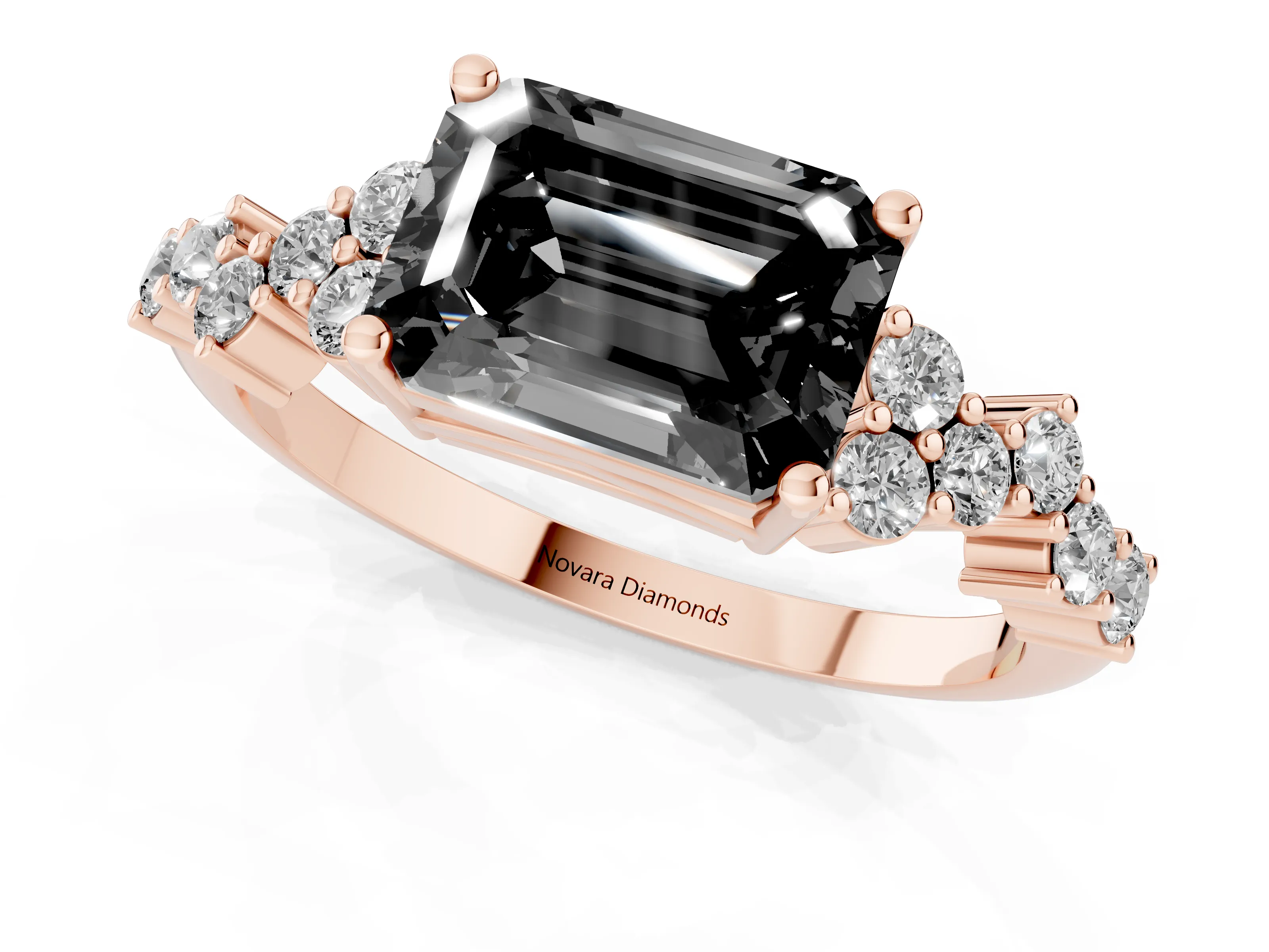 Fancy Black Emerald Cut Diamond Ring Set in Rose gold with Scattered Round Accents