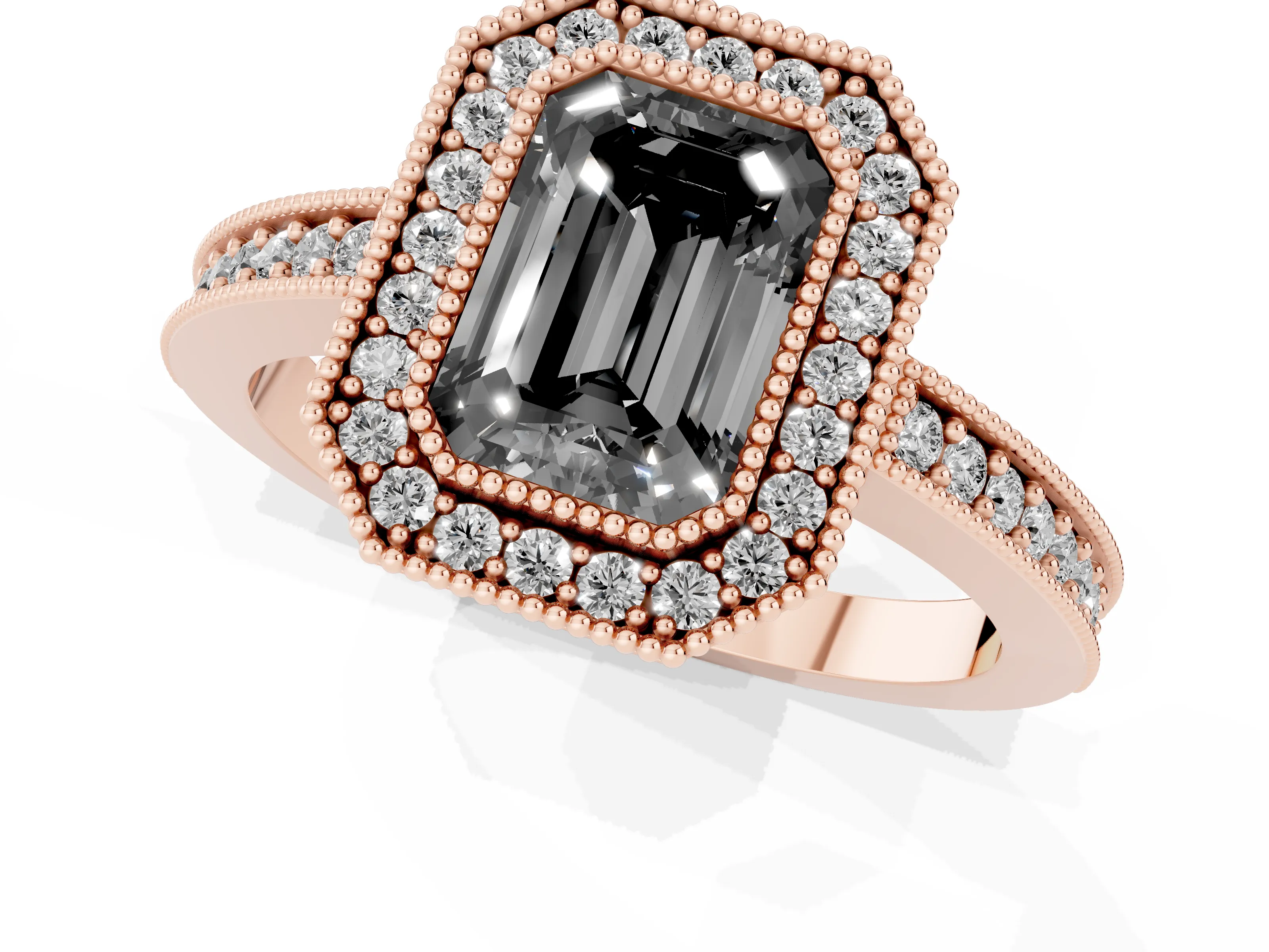 Fancy Black Emerald Cut Diamond Halo Engagement Ring Set in Rose gold with Pavé Band and Round Halo Stones