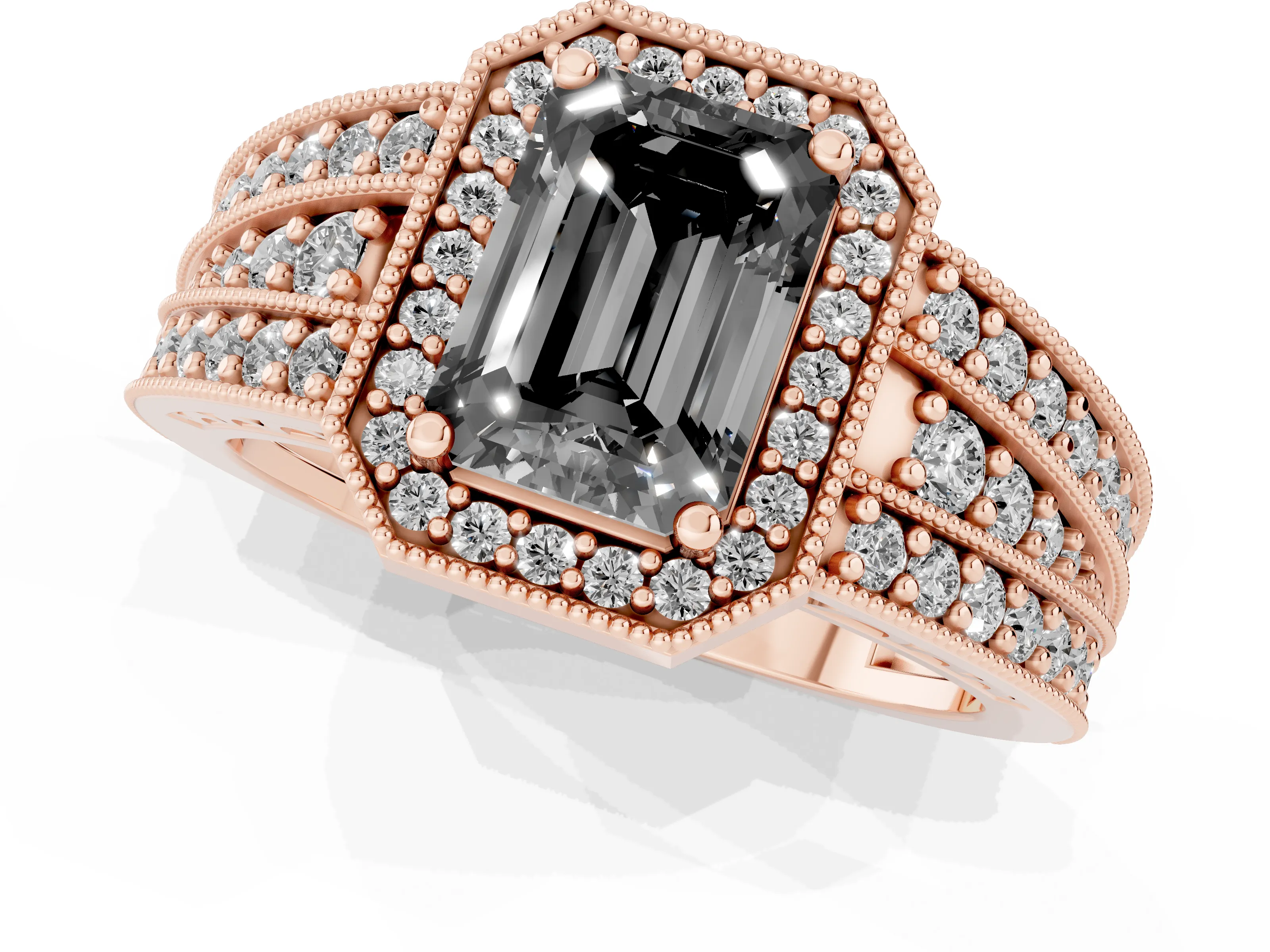 Fancy Black Emerald Cut Diamond Halo Ring Set in Rose gold with Accent Split Shank and Prong Setting