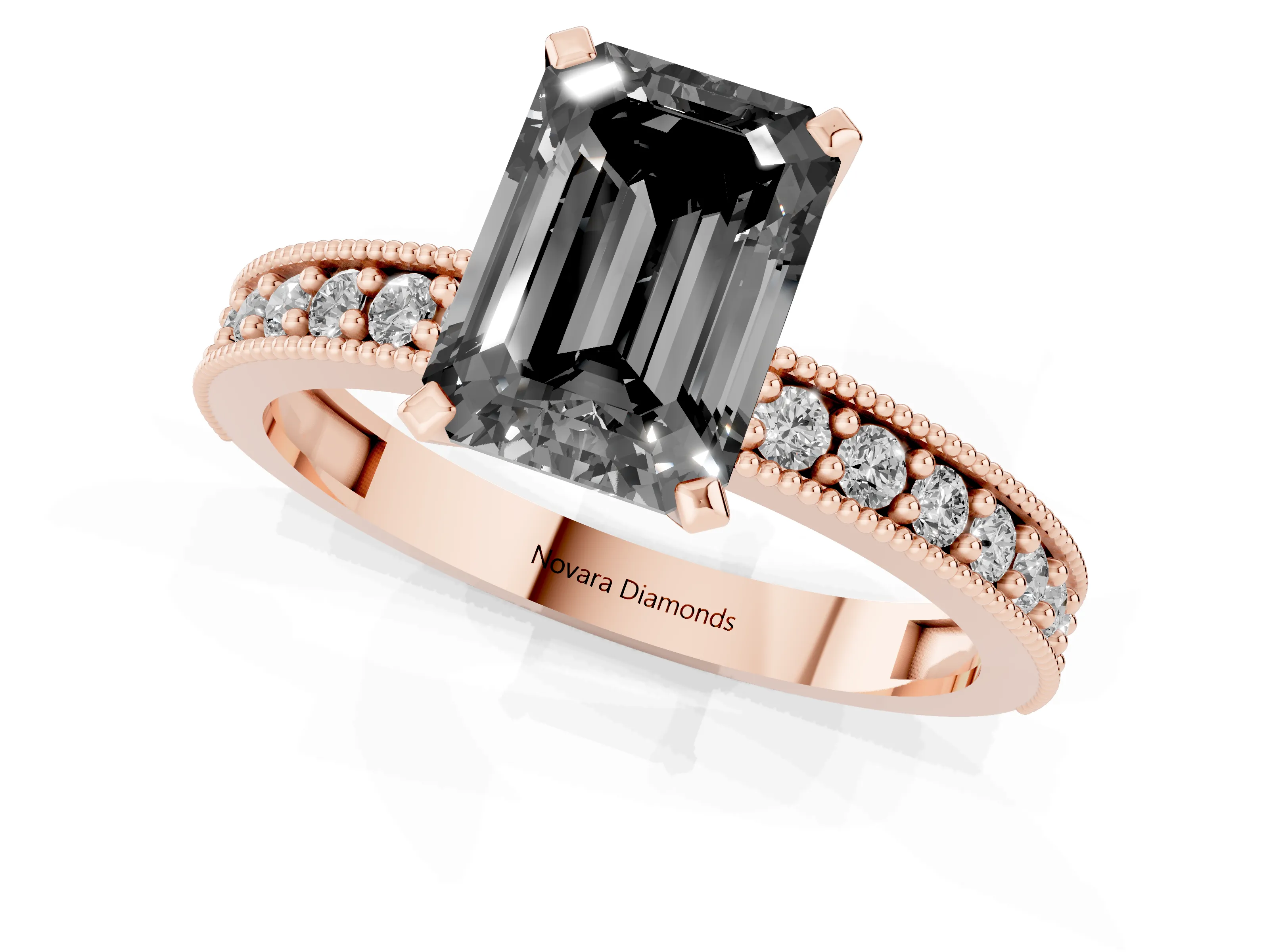 Fancy Black Emerald Cut Diamond Milgrain Pavé Engagement Ring Set in Rose gold with Prong Setting