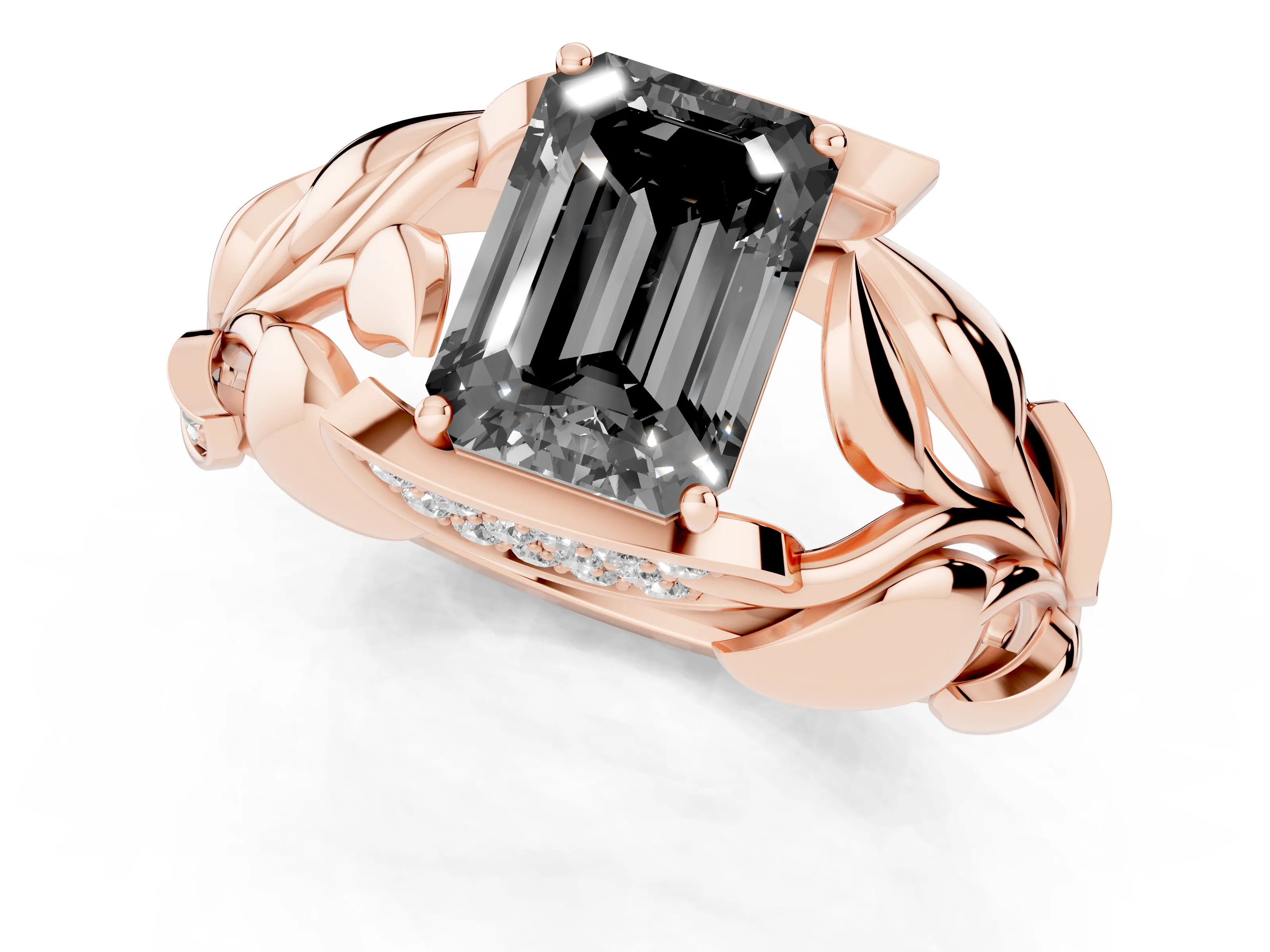 Fancy Black Emerald Cut Diamond Leaf-Inspired Engagement Ring Set in Rose gold with Round Accents
