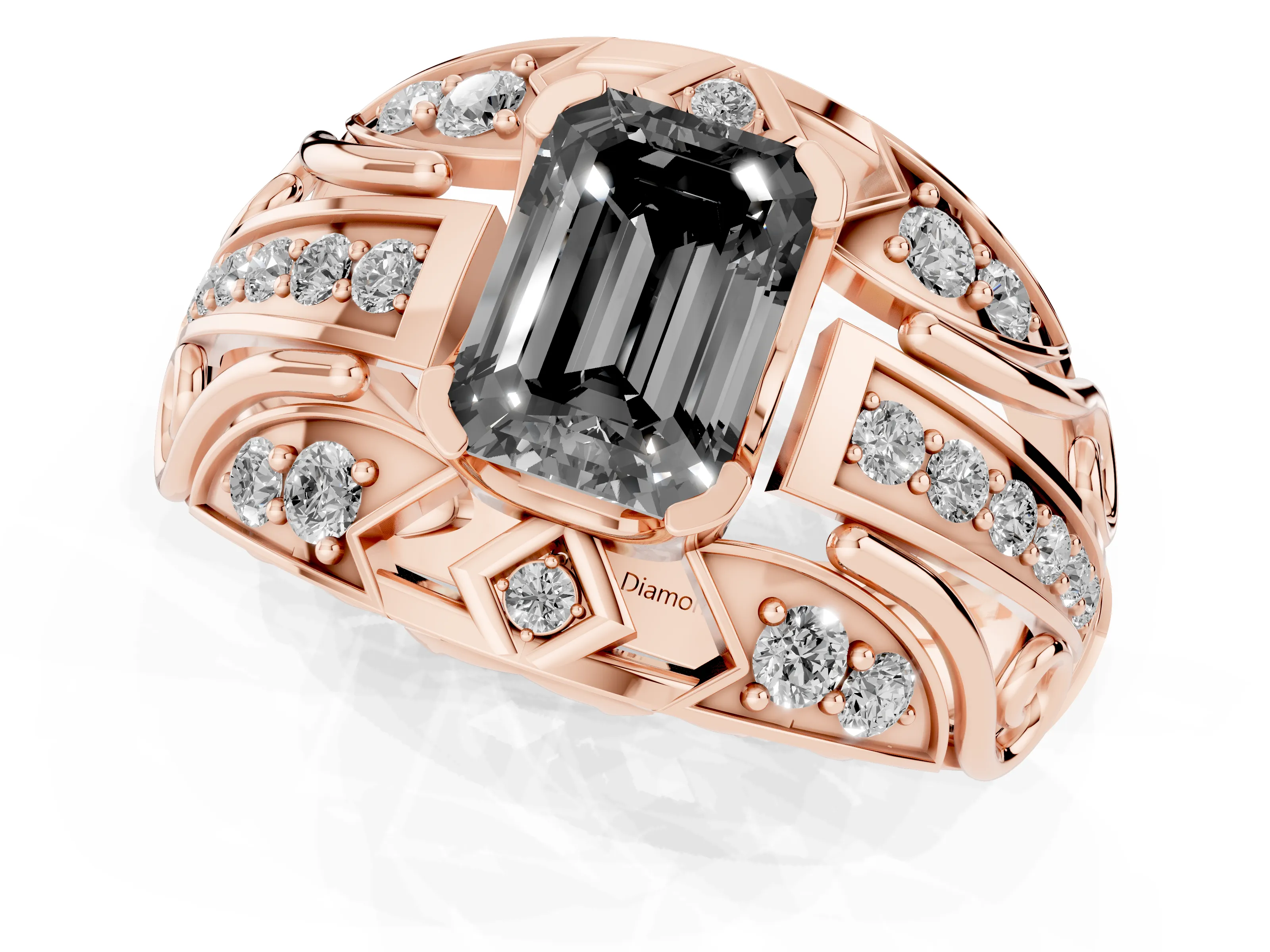Fancy Black Emerald Cut Diamond Art Deco Ring Set in Rose gold with Pavé Split Shank