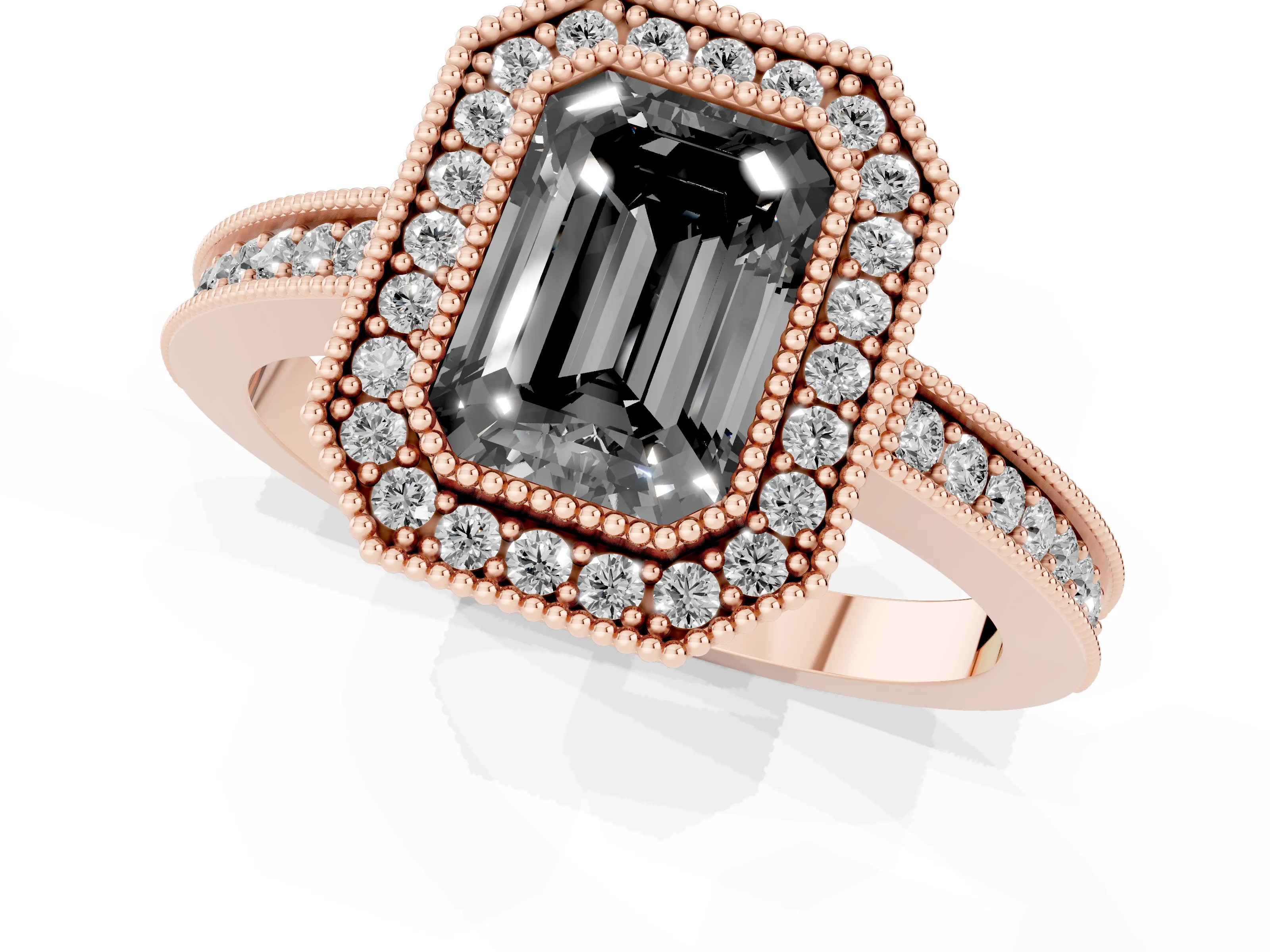 Fancy Black Emerald Cut Diamond Round Halo Ring Set in Rose gold with Pavé Band