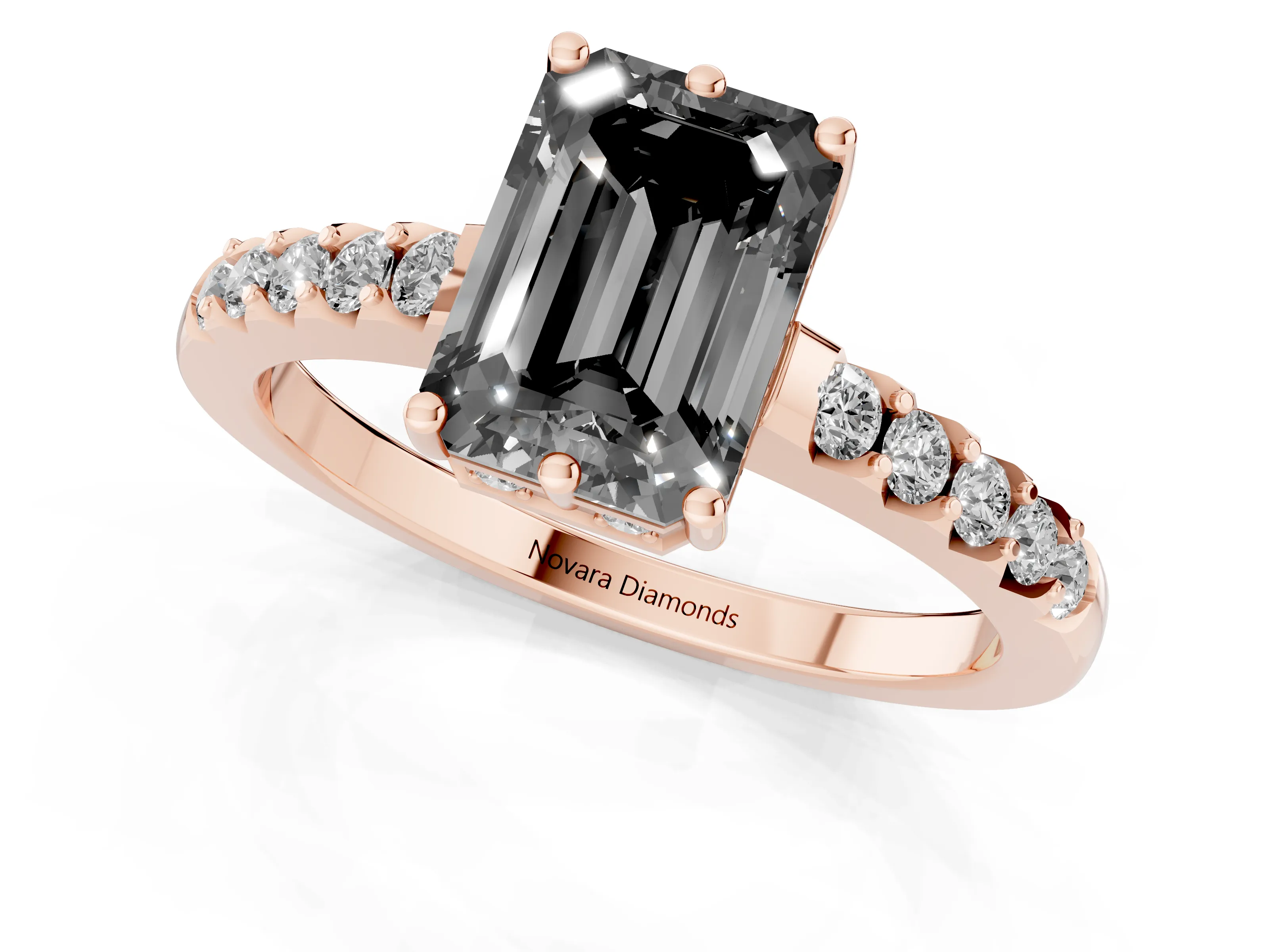 Fancy Black Emerald Cut Diamond Solitaire Engagement Ring Set in Rose gold with Pavé Band and Prong Setting
