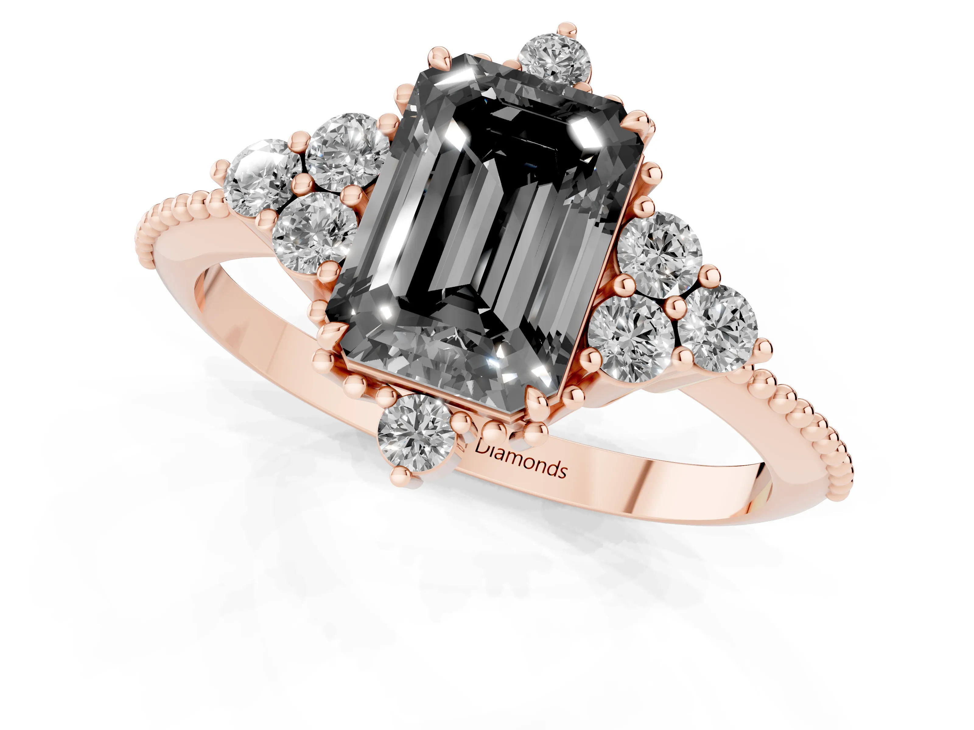 Fancy Black Emerald Cut Diamond Cluster Ring Set in Rose gold with Beaded Band