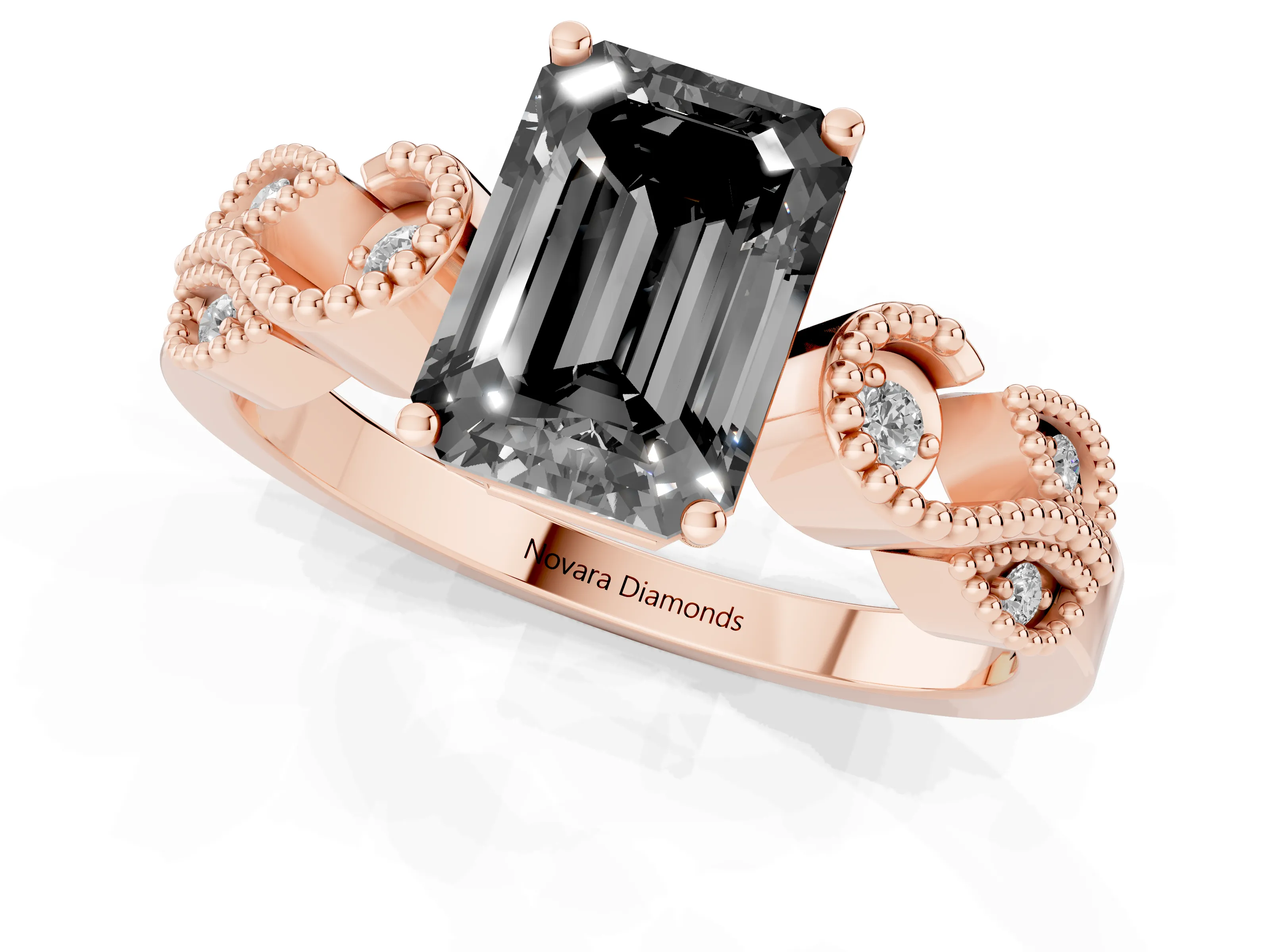 Fancy Black Emerald Cut Diamond Milgrain Leaf Band Solitaire Ring Set in Rose gold with Accent Stones and Prong Setting