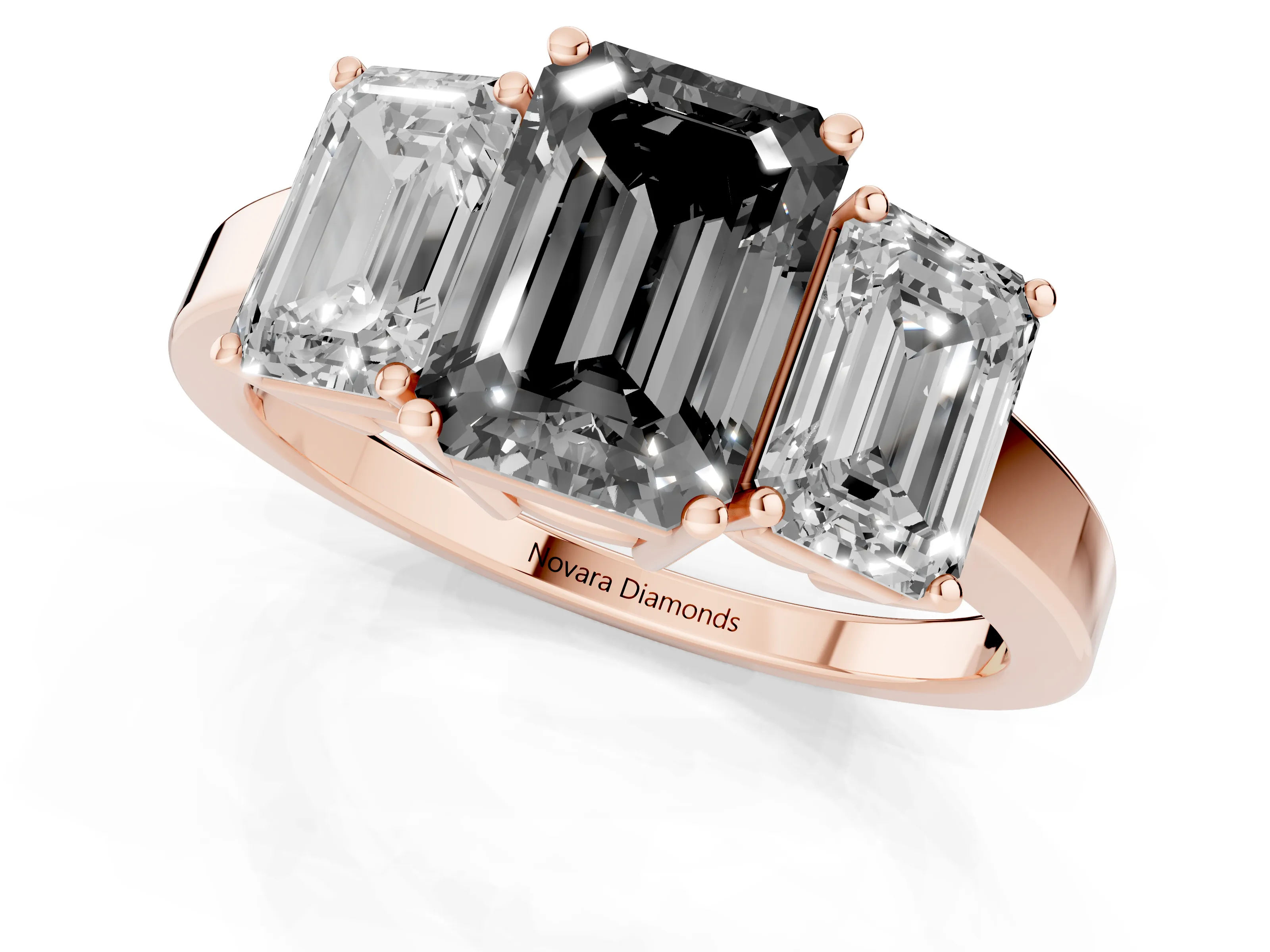 Fancy Black Emerald Cut Diamond Three-Stone Engagement Ring Set in Rose gold with Flat Band