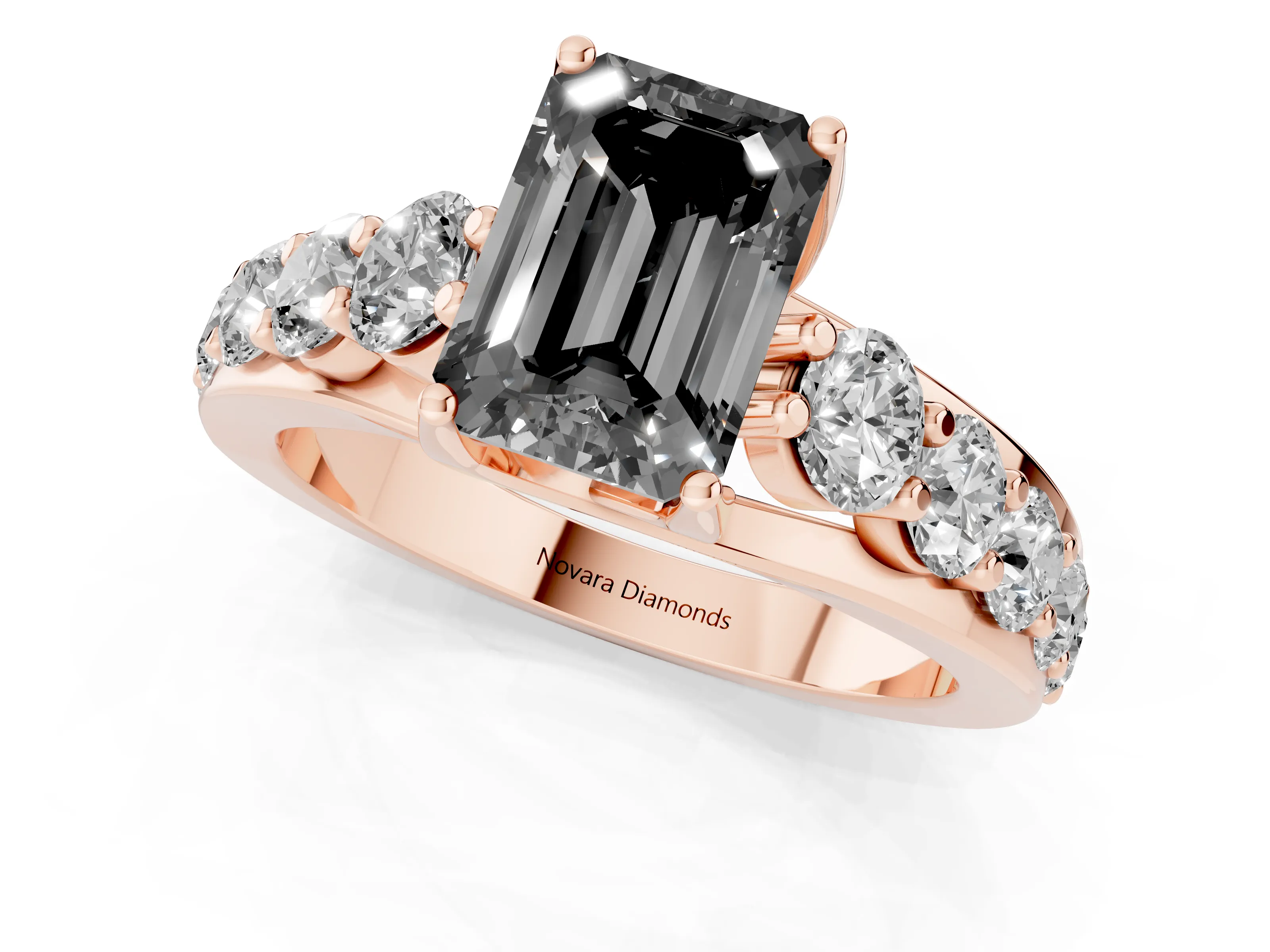 Fancy Black Emerald Cut Diamond Pavé Engagement Ring Set in Rose gold with Prong Setting