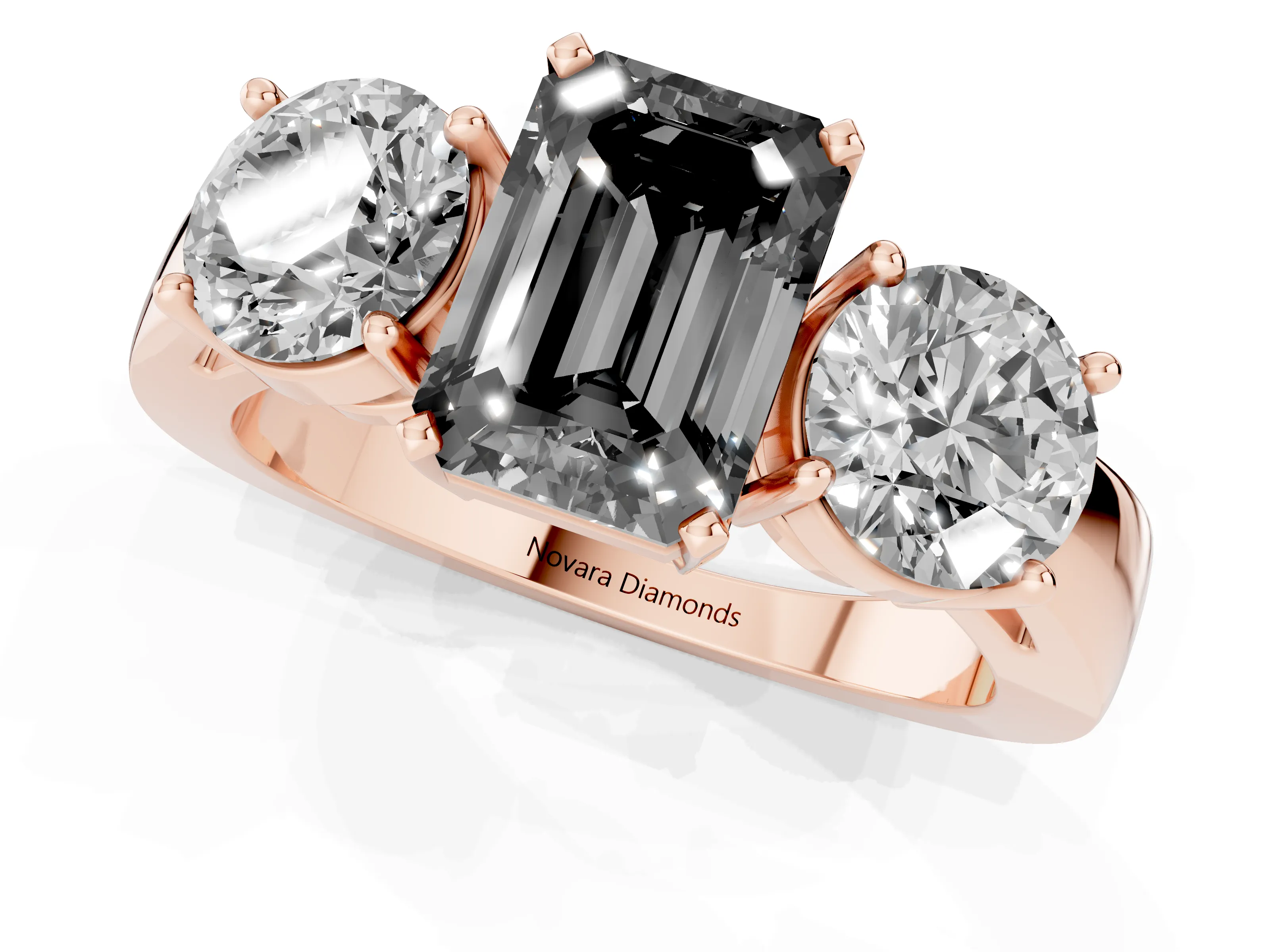 Fancy Black Emerald Cut Diamond Three-Stone Ring Set in Rose gold with Round Side Stones and Classic Band